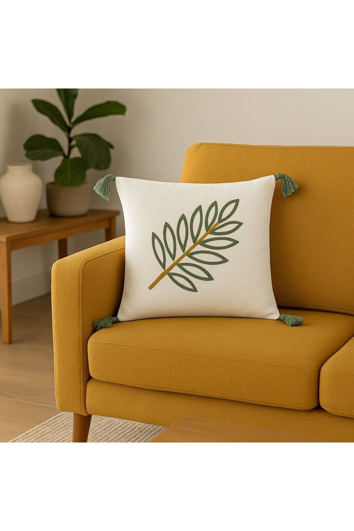 portofino HOME Yaprak Desenli Yeşil Nakışlı Kırlent Kılıfı 40×40 cm Püsküllü