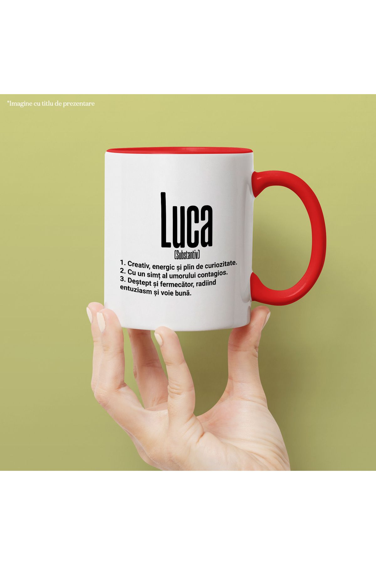 StoryGift Romania-Mug With The Name Luca, With Motivational Message, Creative, Energetic, Curious, Smart, F, With Red Handle 2