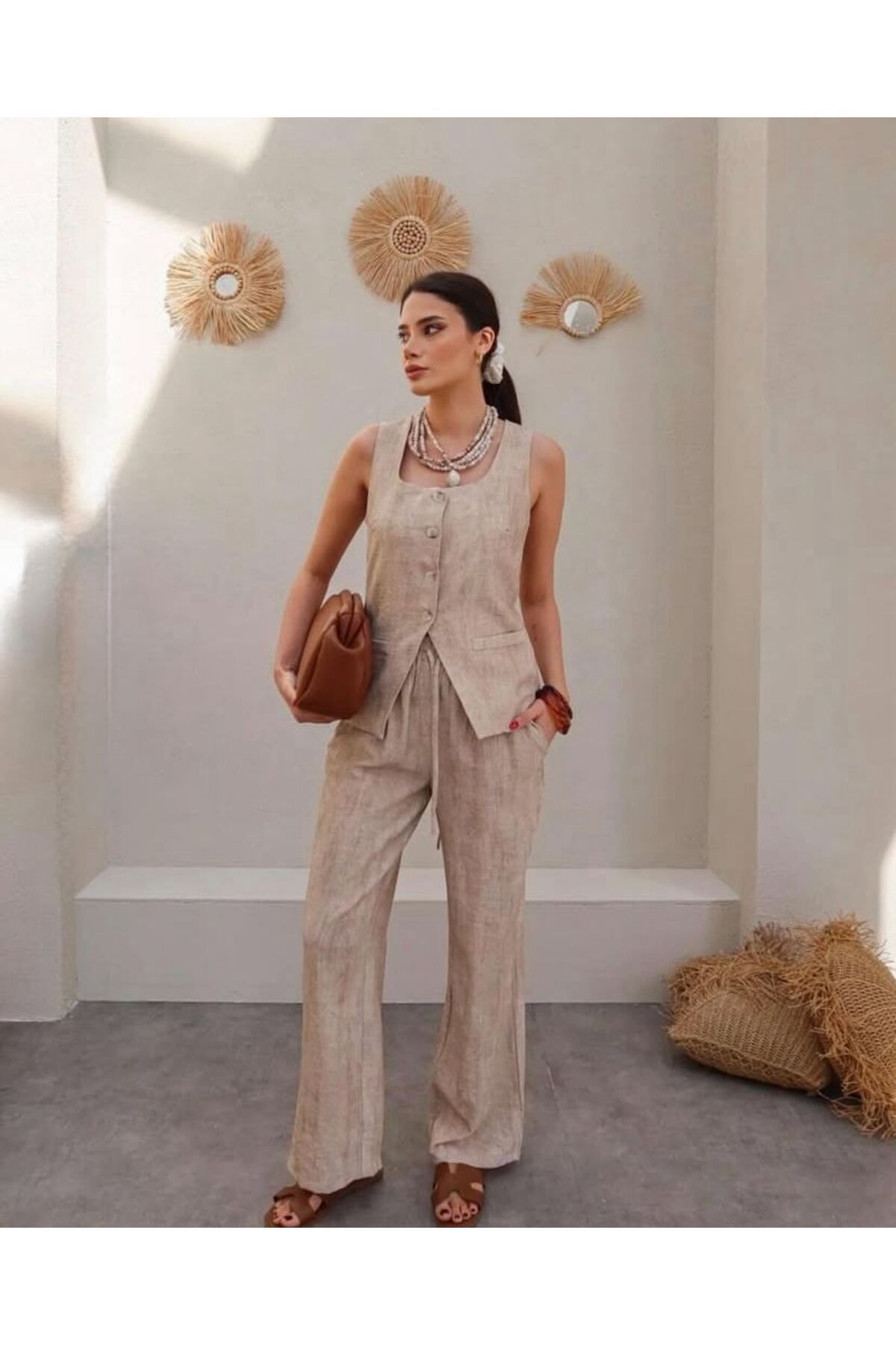 Flow BEJ RENK DÜĞME DETAYLI KETEN YELEK-PANTOLON İKİLİ TAKIM