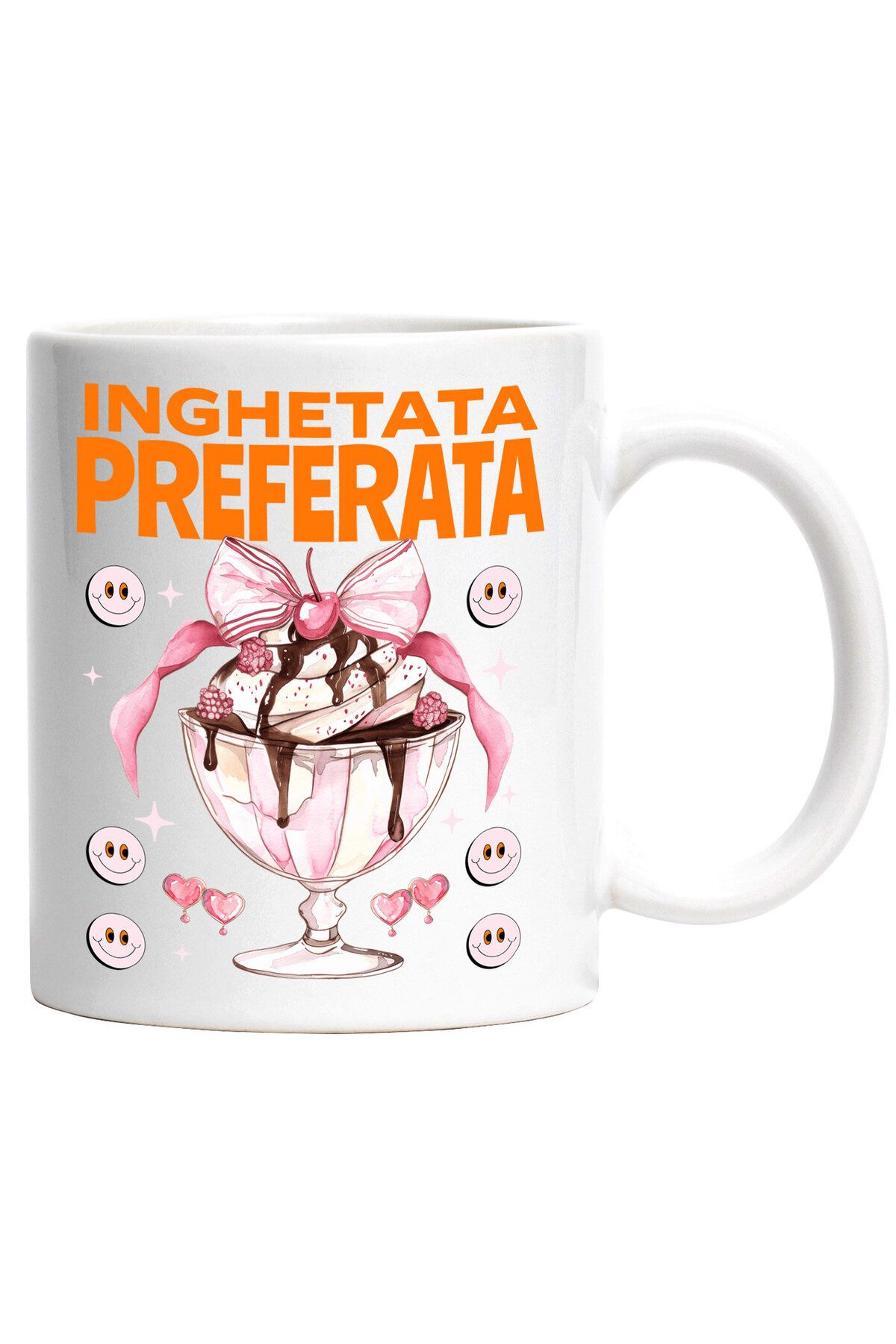 StoryGift Romania Cana Cu Inghetata In Pahar Cu Picior Elegant Funda Roz Si Cireasa Smiley Face Te, Cu Maner Alb - One Size