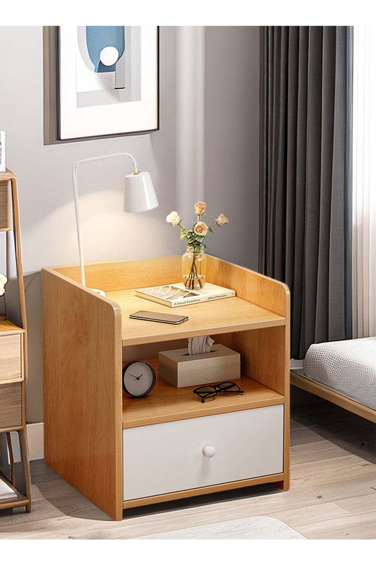 soufa dibaj-Nightstand with Drawer and Open Storage Shelf, Modern Side Table Nordic Style Small Night Stand 5
