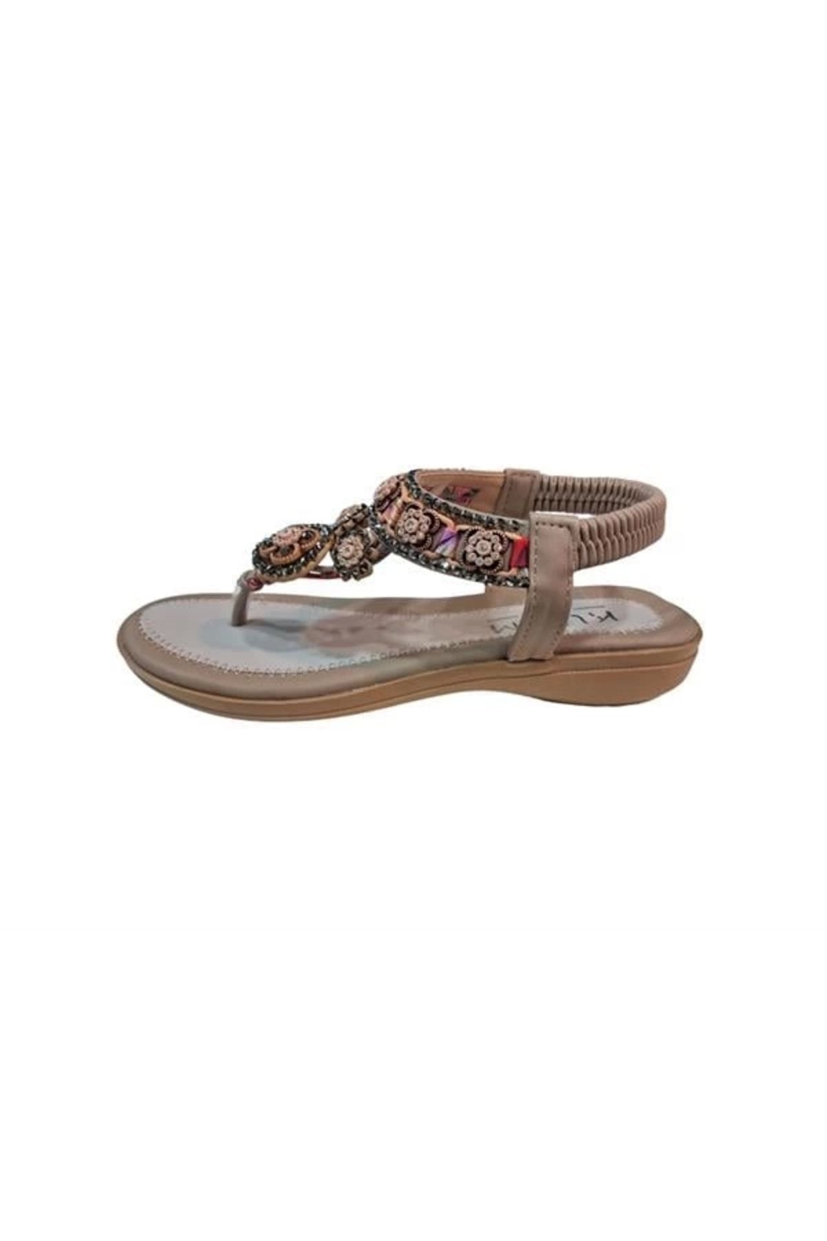Store K11202 Deri Üzeri Taş İşlemeli Parmak Arası Kadın Sandalet Bej