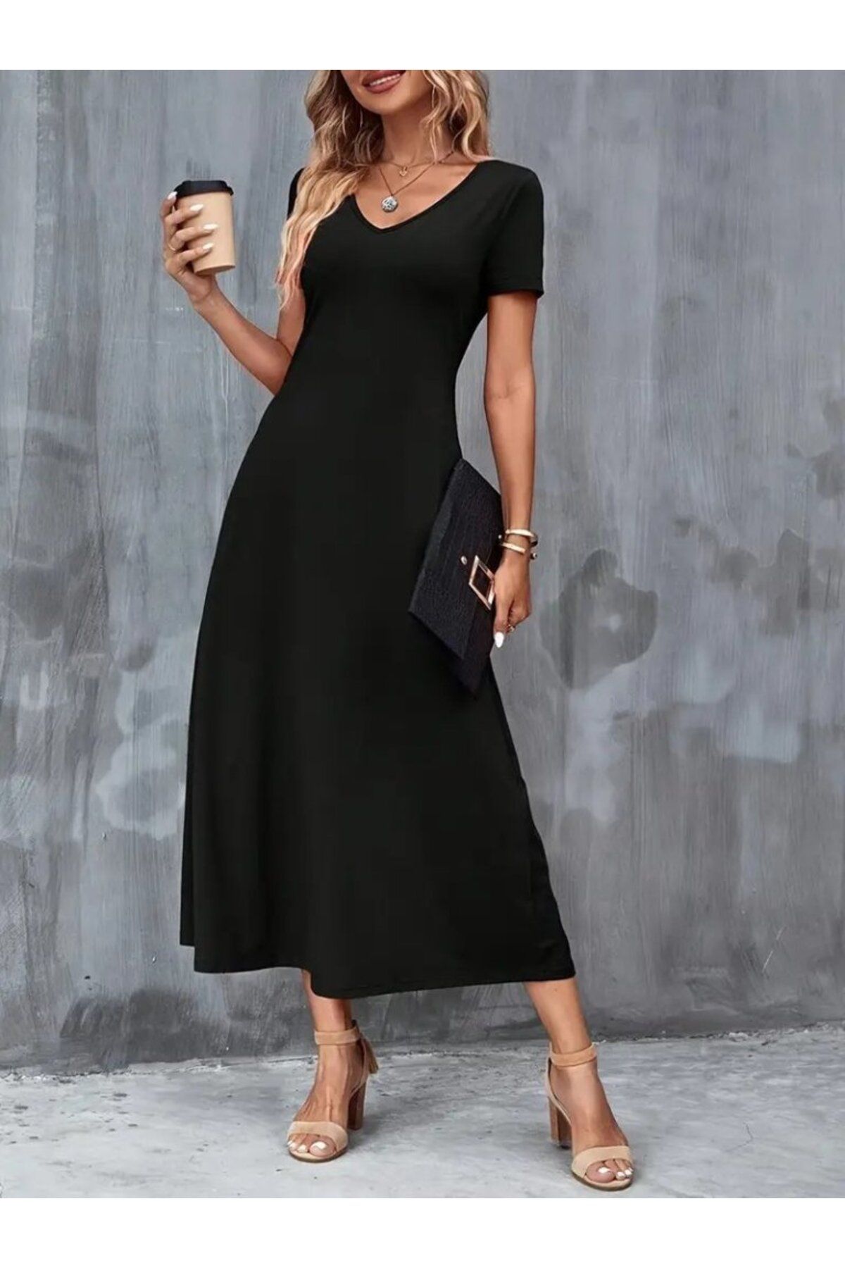 velmorafashion Kadın Kısa Kollu V Yakalı Cepli Viskon Elbise