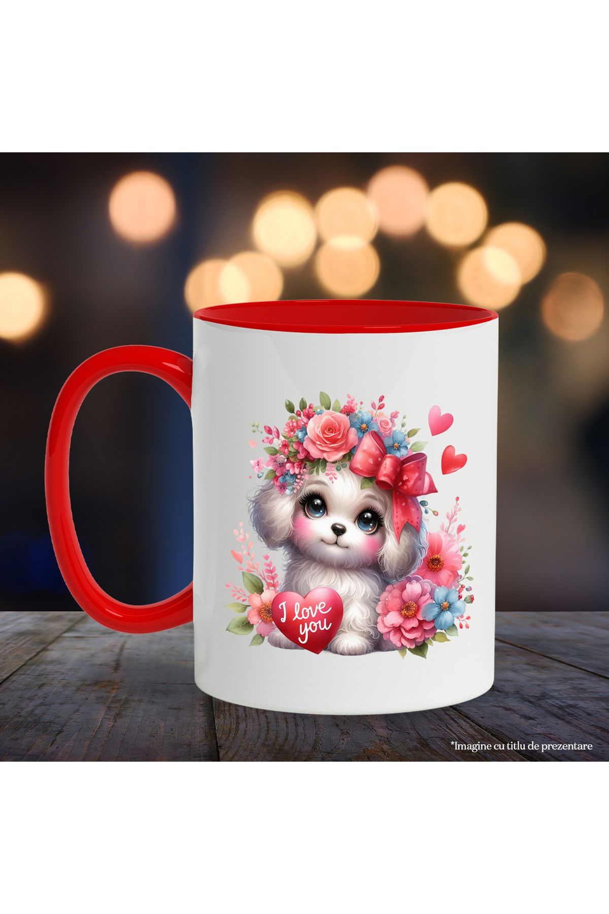 StoryGift Romania-Mug with a puppy with the message "I love you", roses on the head, bow, lots of flowers, With 3