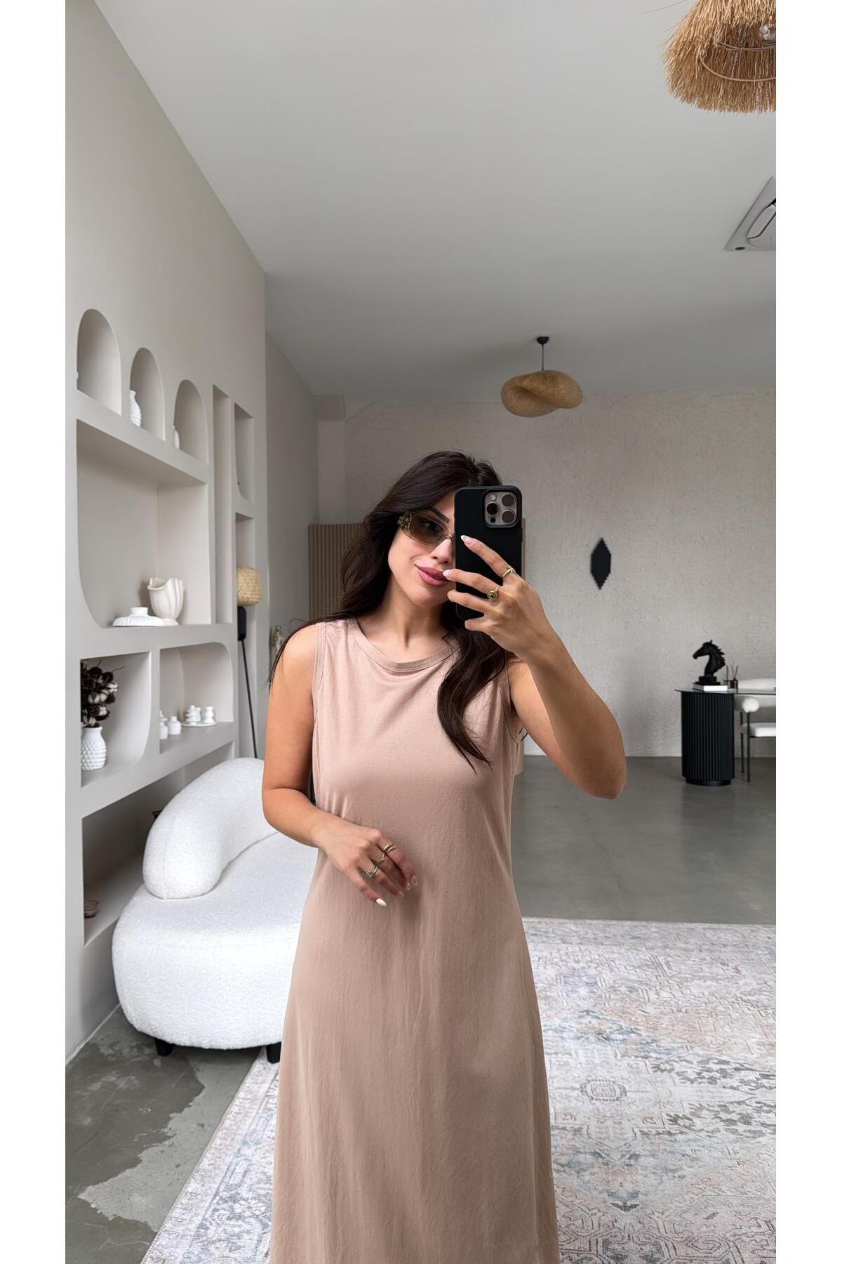 Buket Teke Bej Basic Midi Elbise