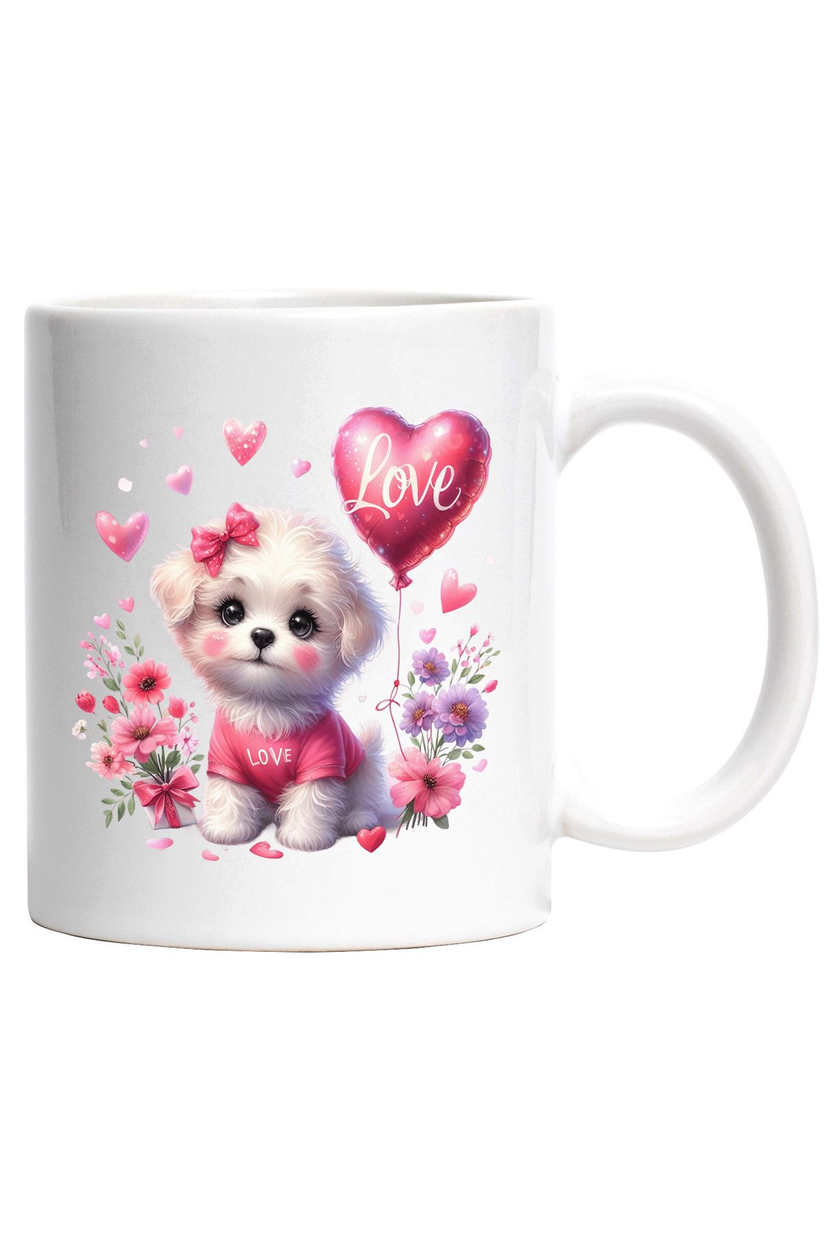 StoryGift Romania Cana Cu O Catelusa Imbujorata | Ilustratie | Inimioare | Balon | Mesajul "love" , Cu Maner Alb - One Size