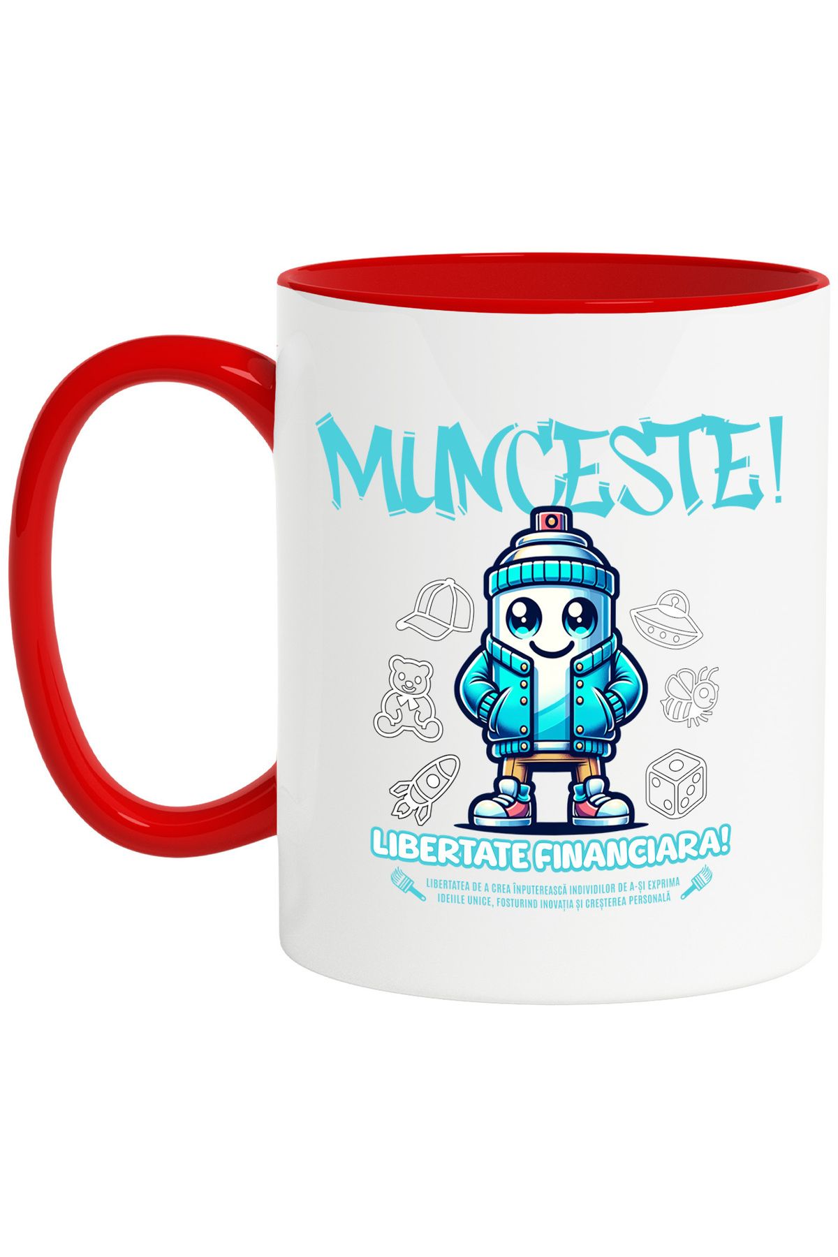 StoryGift Romania Cana Munceste Libertate Financiara Motivational Bani, 330ml, Ceramic Cu Maner Ro, Cu Maner Rosu - One Size