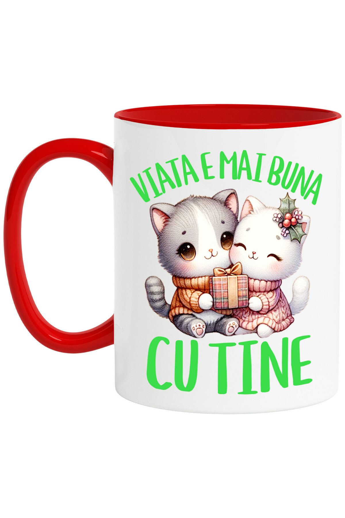 StoryGift Romania Cana Cu Cuplu Pisici Iubire Cadou Craciun Text Viata E Mai Buna Cu Tine, Ceramic, Cu Maner Rosu - One Size