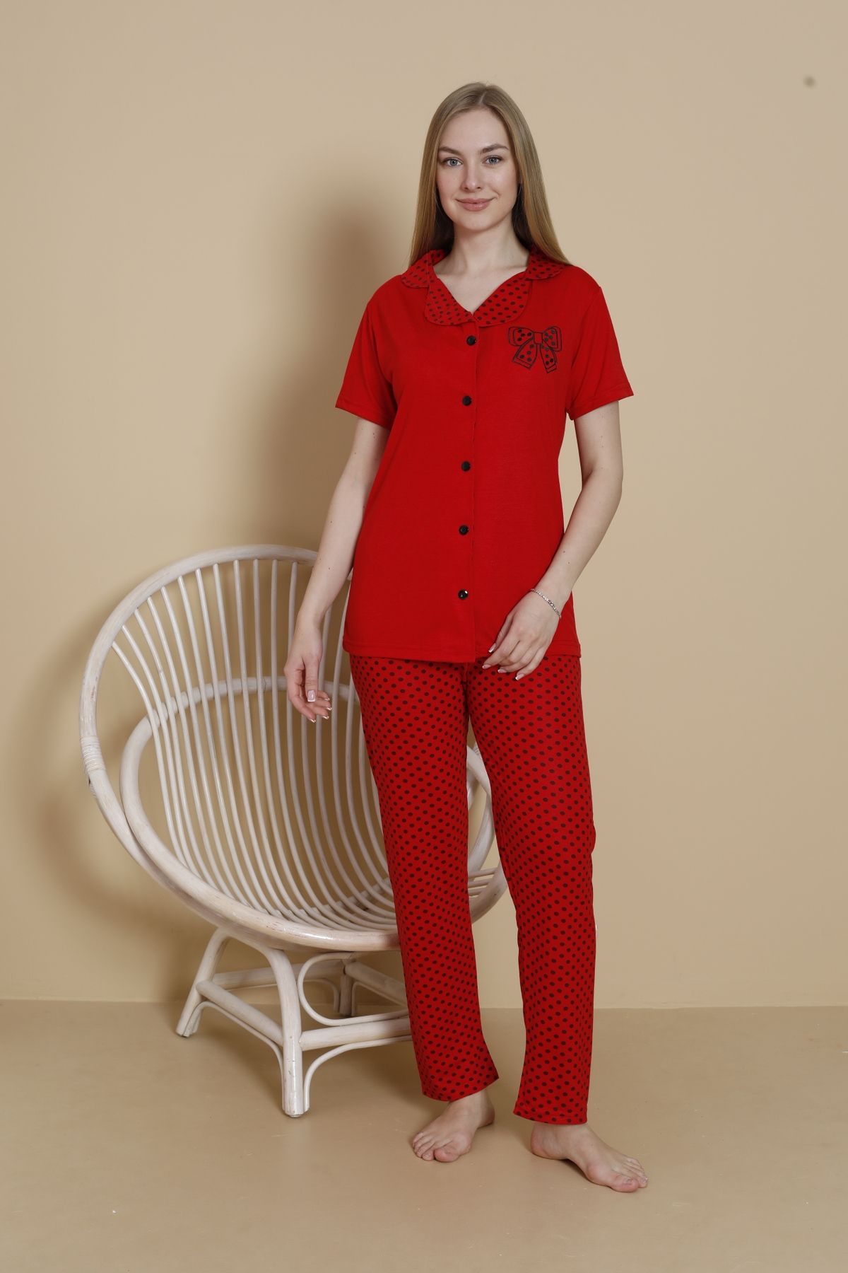 Mira Homewear Düğmeli Önü Baskılı Kısa Kol Kadın Pijama Takımı MR002