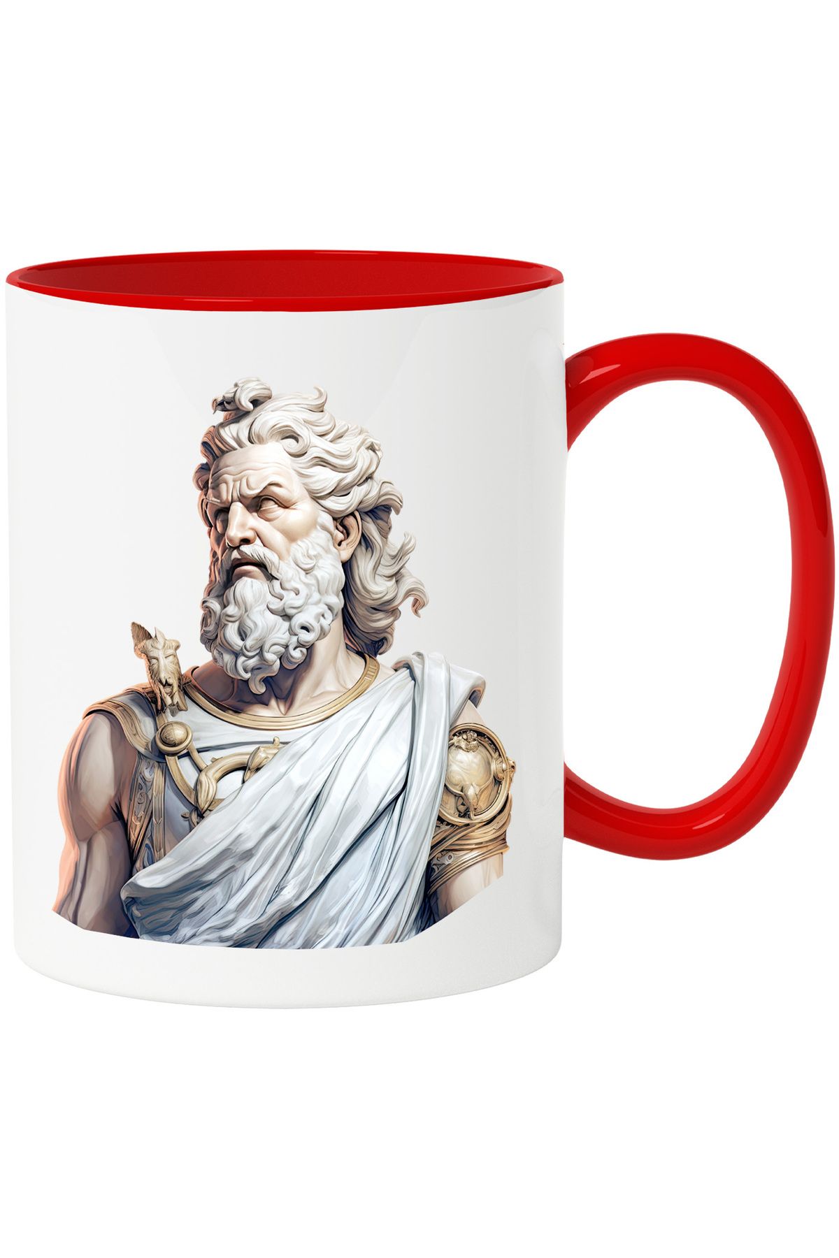 StoryGift Romania Cana Cu O Statuie Din Mitologia Greaca | Zeus | Putere | Conducator | Fulgere | , Cu Maner Rosu - One Size
