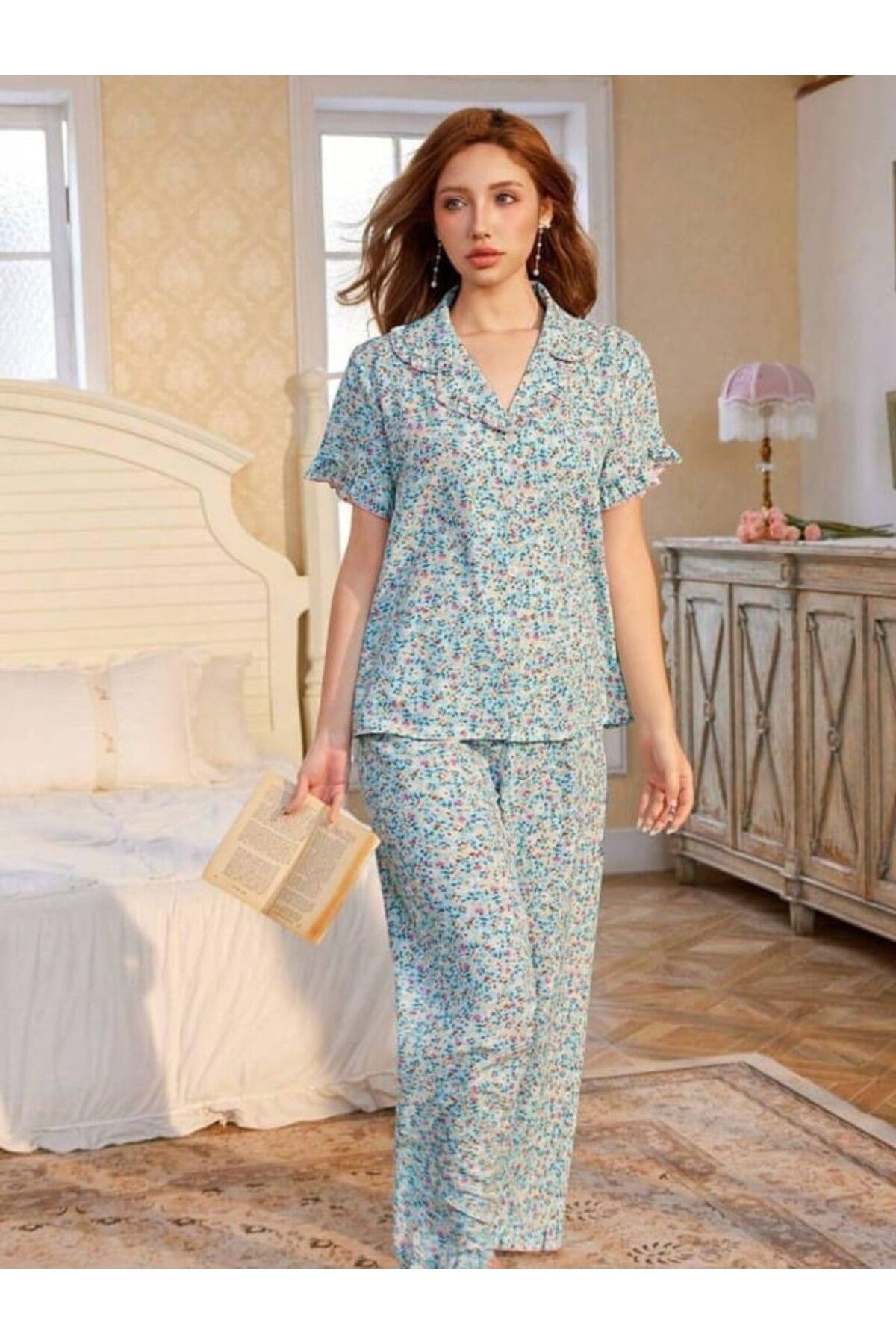 Cbm Mavi çiçek desenli v yaka düğmeli pijama takımı 7327-Son görsel HEDİYEMİZDİR