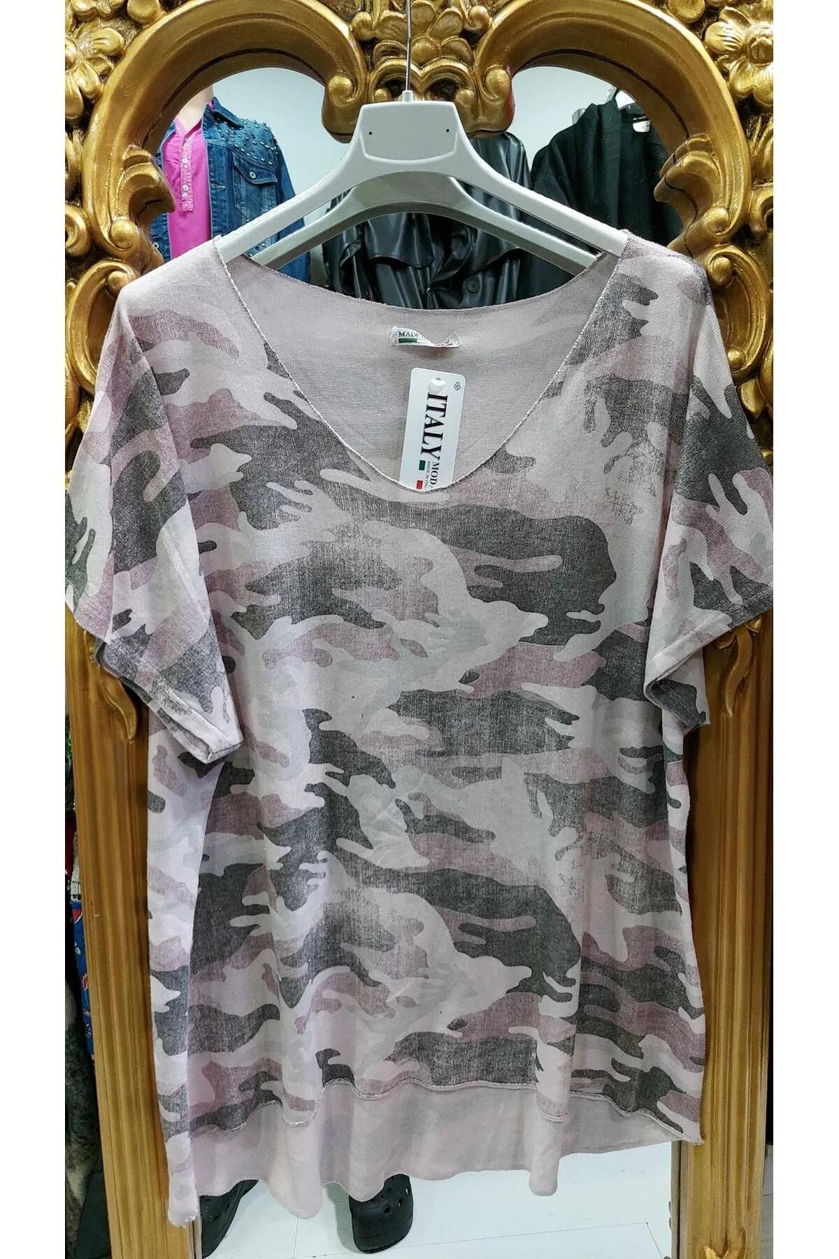 Butik Ayseba Kadın Varaklı Kamuflaj Desen Kısa Kol İtalyan Bluz