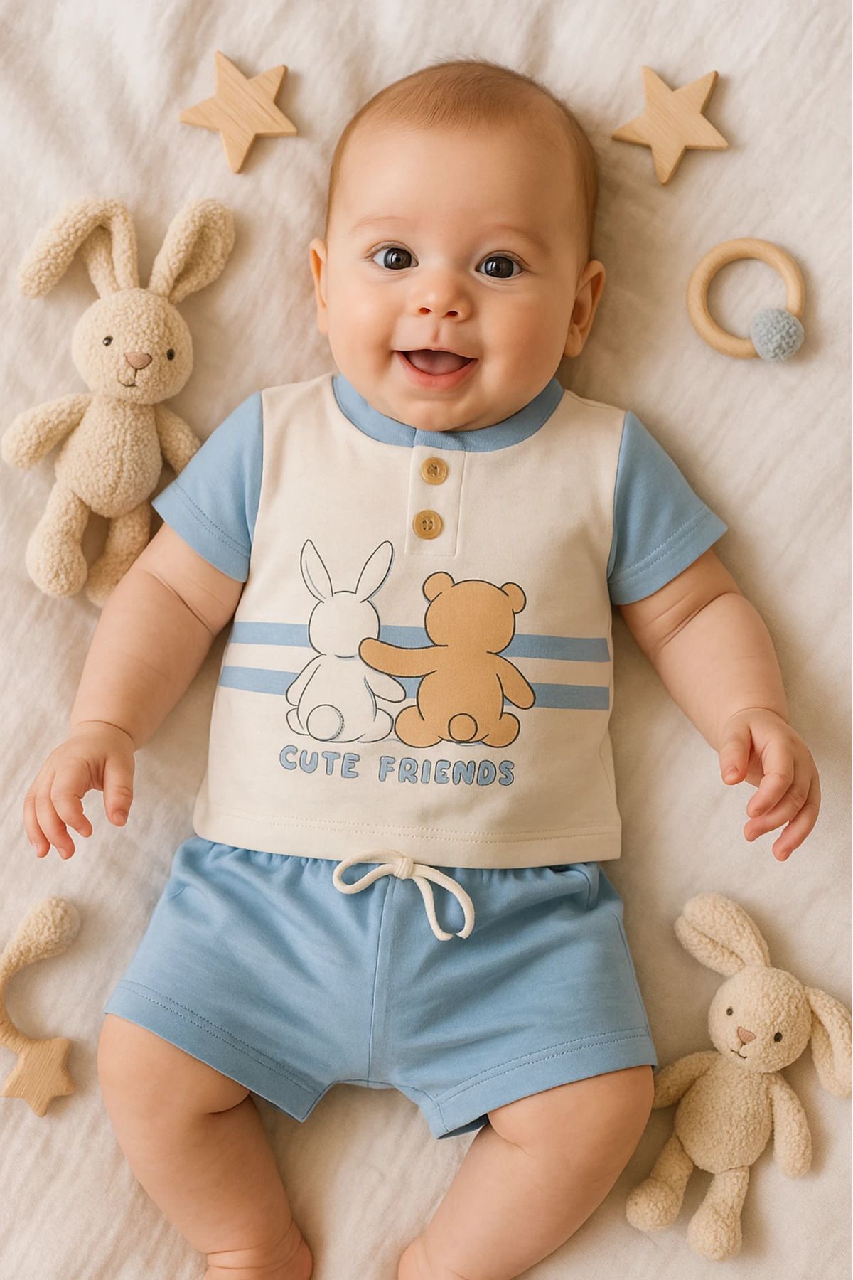 Çıldırıns Dolaş Yazlık Cute Friends Baskılı 2’li Bebek Takım