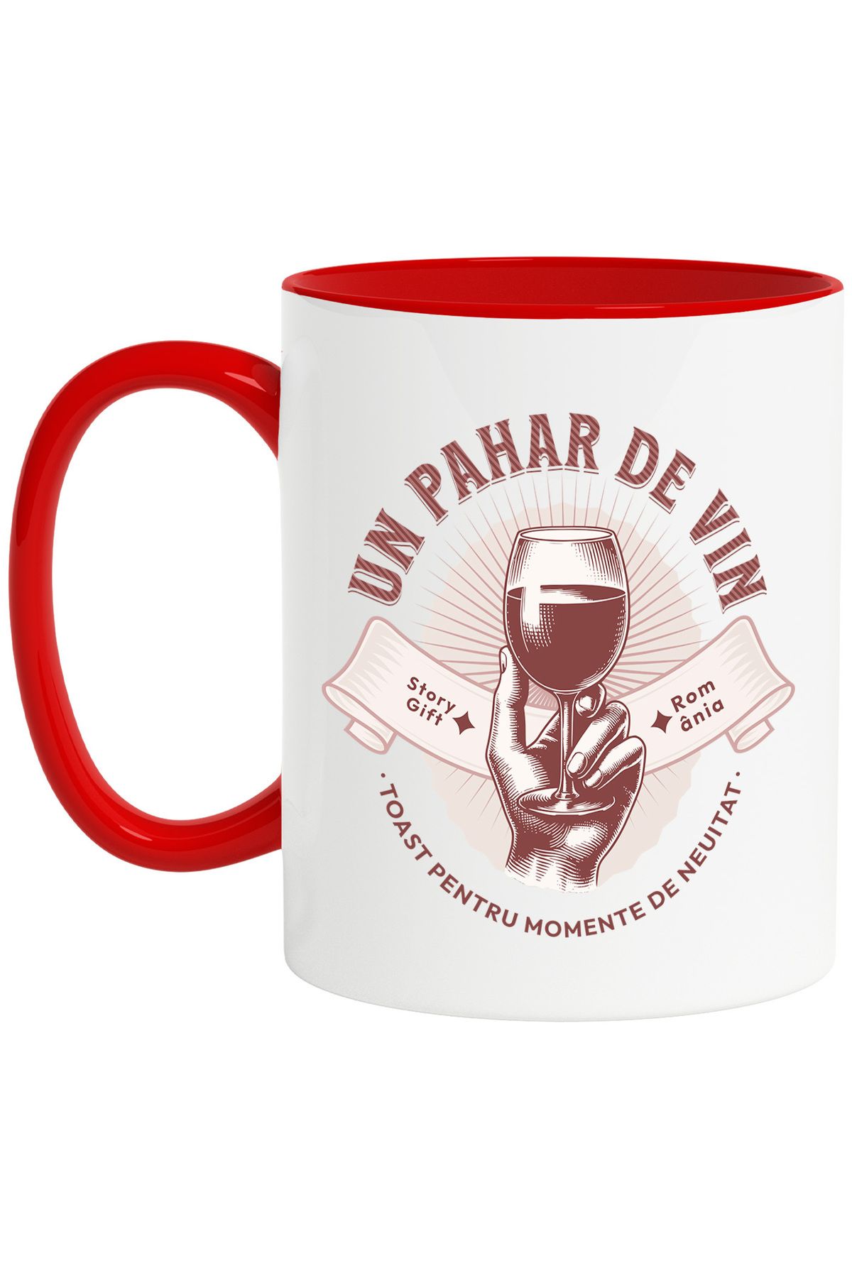 StoryGift Romania Cana Un Pahar De Vin. Toast Momente De Neuitat, 330ml, Ceramic Cu Maner Rosu, Cu Maner Rosu - One Size