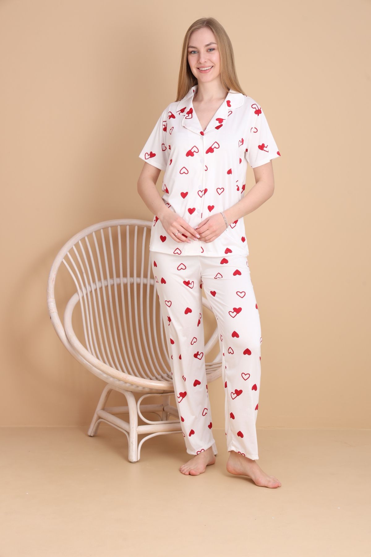 Mira Homewear Düğmeli Kısa Kol Desenli Kadın Pijama Takımı MR003