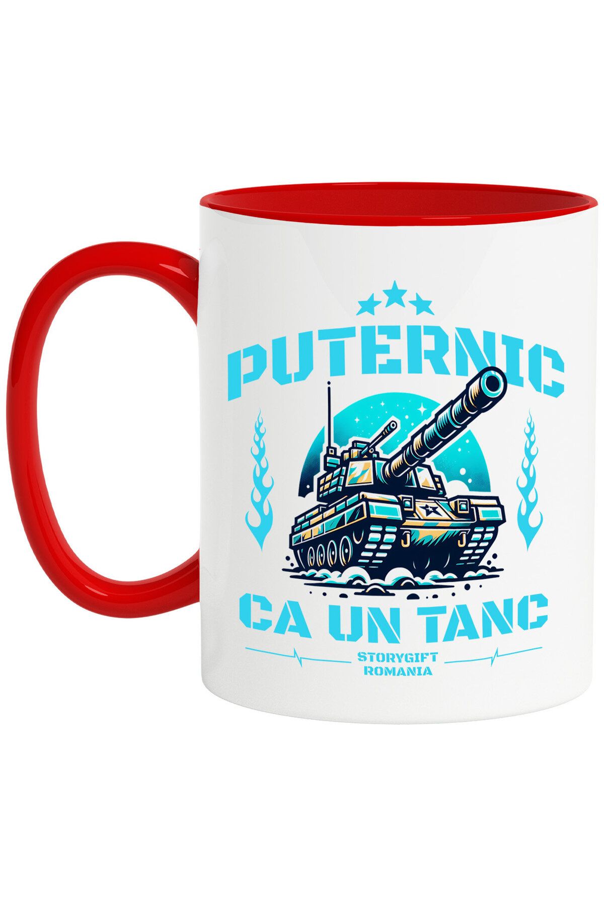 StoryGift Romania Cana Cu Tanc De Razboi Imens Text Puternic Ca Un Tanc Motivational, Ceramica, 33, Cu Maner Rosu - One Size