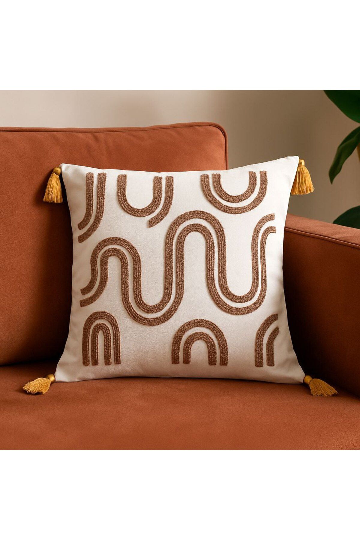 portofino HOME Modern Kavisli Çizgili Kırlent Kılıfı 40×40 cm Püsküllü