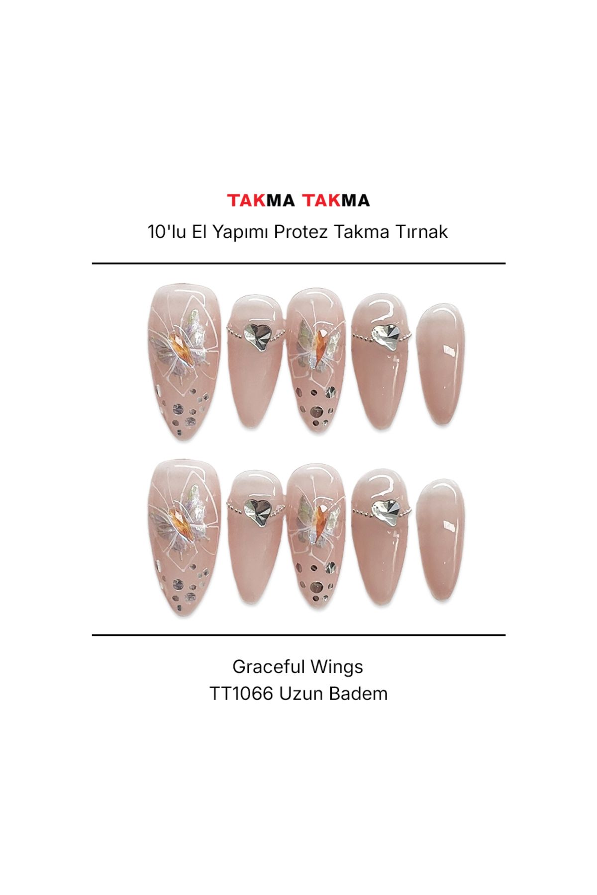 Takma Takma Tekrar Kullanılabilir El Yapımı Protez Takma Tırnak Graceful Wings - 10'lu - TT1066 M-Pembe-Ten Ren