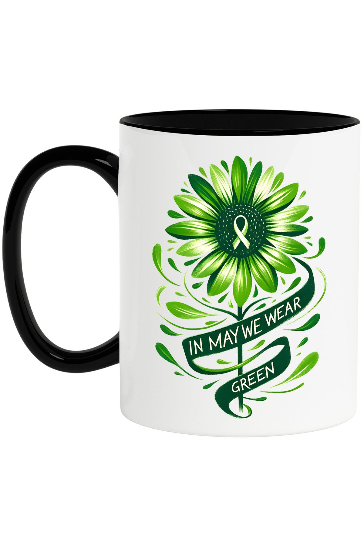 StoryGift Romania Cana Cu Mesajul "in May We Wear Green", Ilustratie, Motivational, In Mai Purtam , Cu Maner Negru - One Size