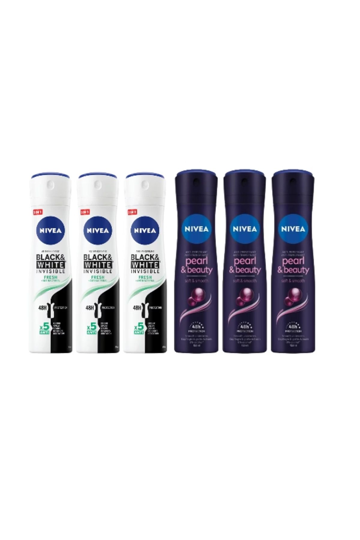 NIVEA Set 6 X Nivea Deodorant Antiperspirant Pentru Femei 150ml, 3 X Black&white Invisible Fresh, 3 X Pearl&beauty - One Size