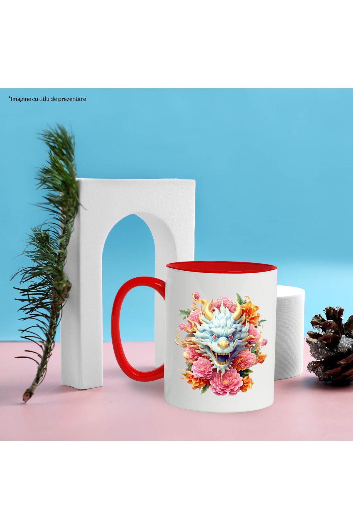 StoryGift Romania-Mug with a Chinese dragon, illustration, popcorn, pink, new year, China, year of the rat, With ,STG 3