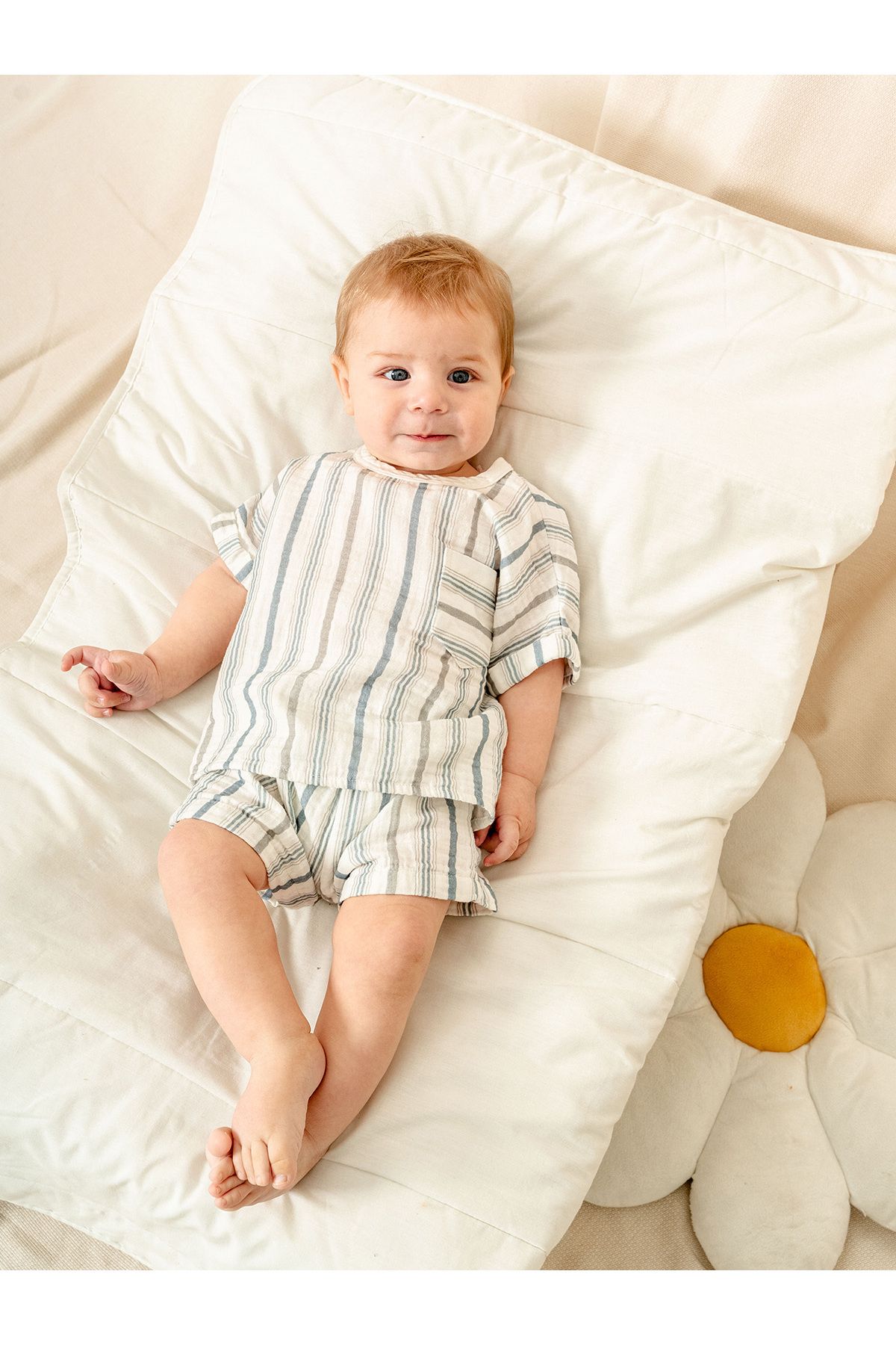 Kidaxi Çizgili Müslin Gömlek Şort Takım | Erkek Bebek Yazlık 2’li Set   | KD53215