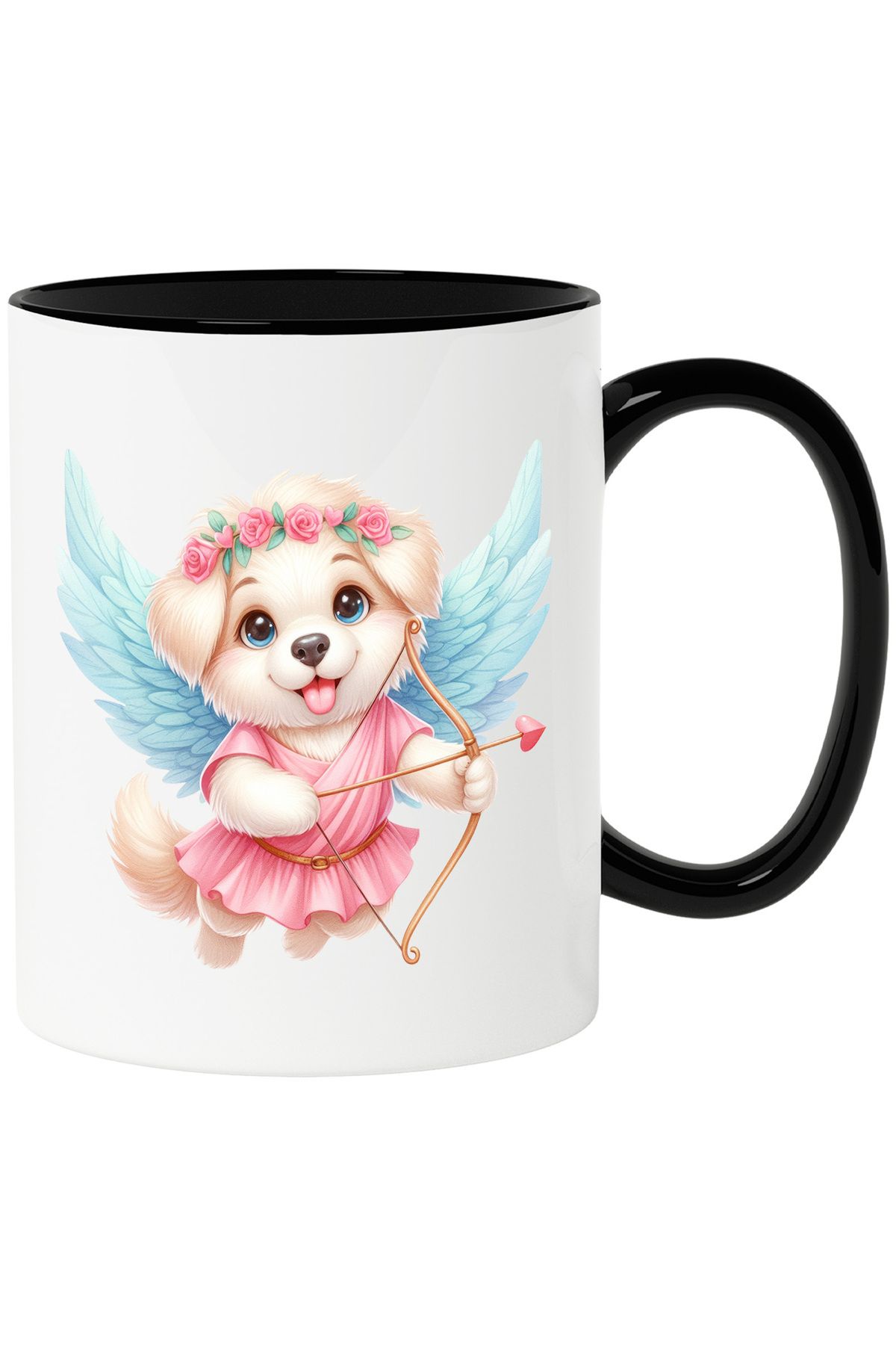 StoryGift Romania Cana Cu O Catelusa Vesela Cupidon Care Trage Cu Arcul | Ilustratie | Aripi | Zbo, Cu Maner Negru - One Size