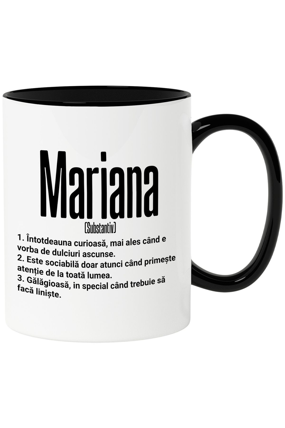 StoryGift Romania-Mug With Name Mariana, and Funny Message, Curious, Sociable, Noisy, 330ml, With Black Handle 1