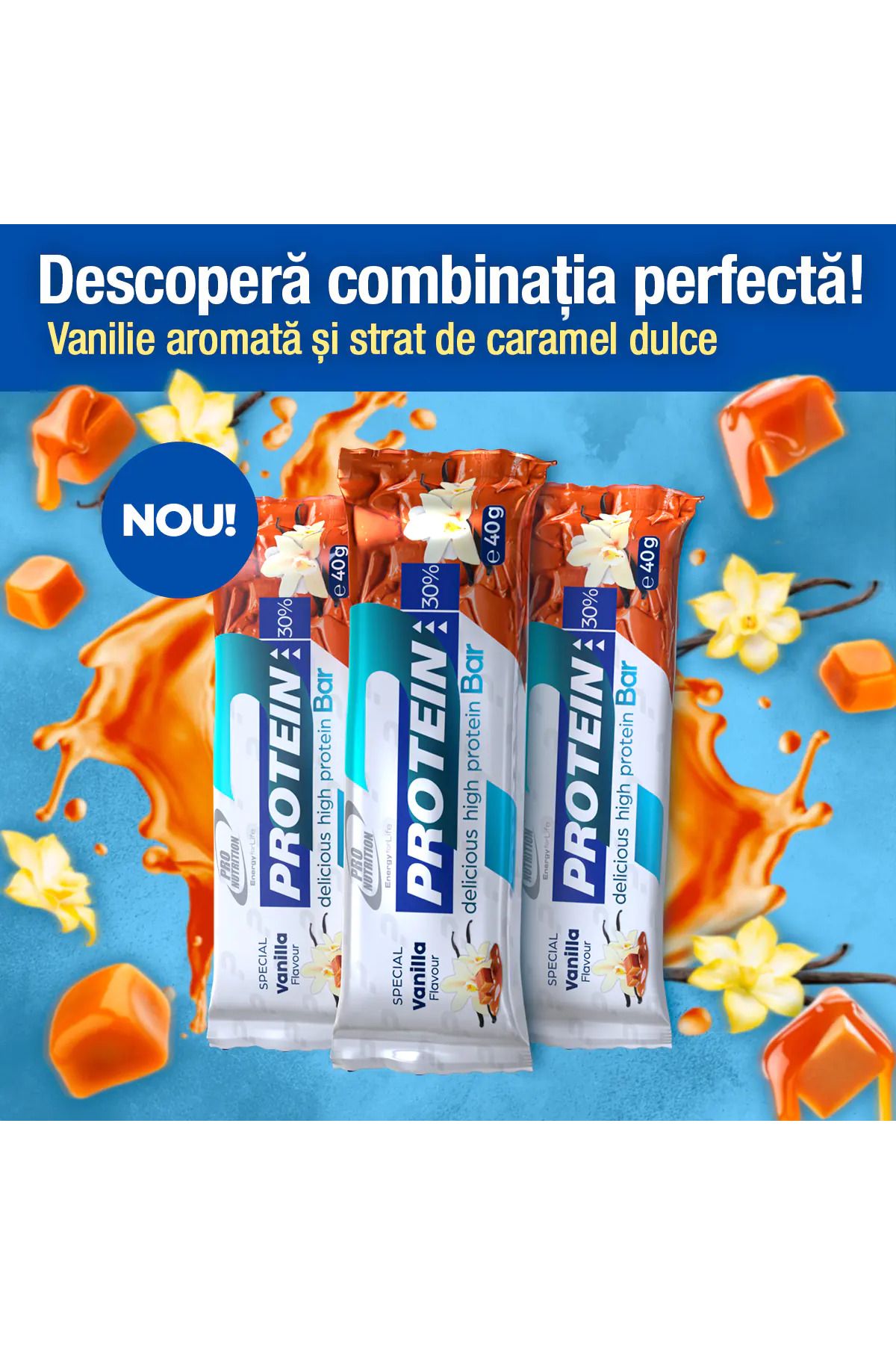 Pro Nutrition Batoane Proteice, Protein Bar 40g Vanilie-caramel - One Size