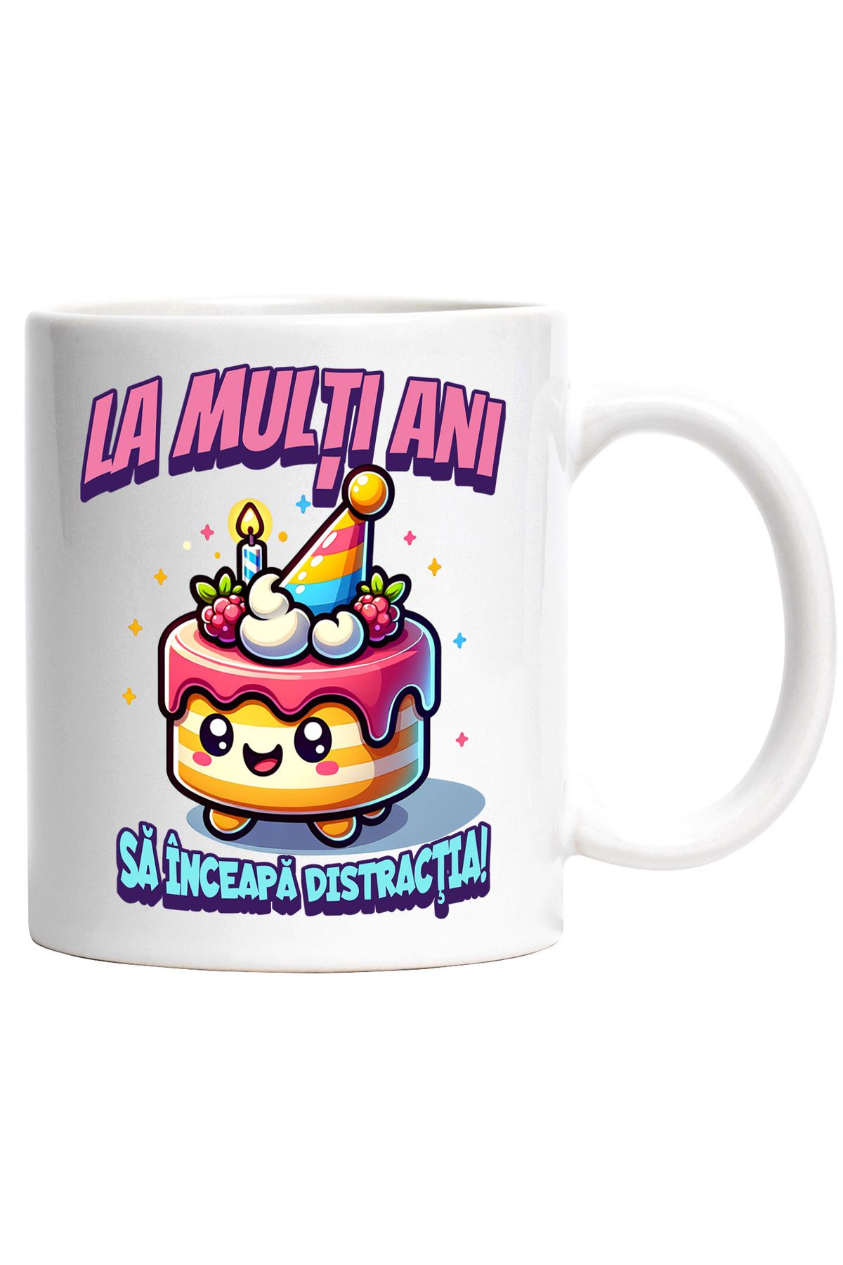 StoryGift Romania Cana Tort Aniversar La Multi Ani – Sa Inceapa Distractia, 330ml, Ceramic Cu Mane, Cu Maner Alb - One Size