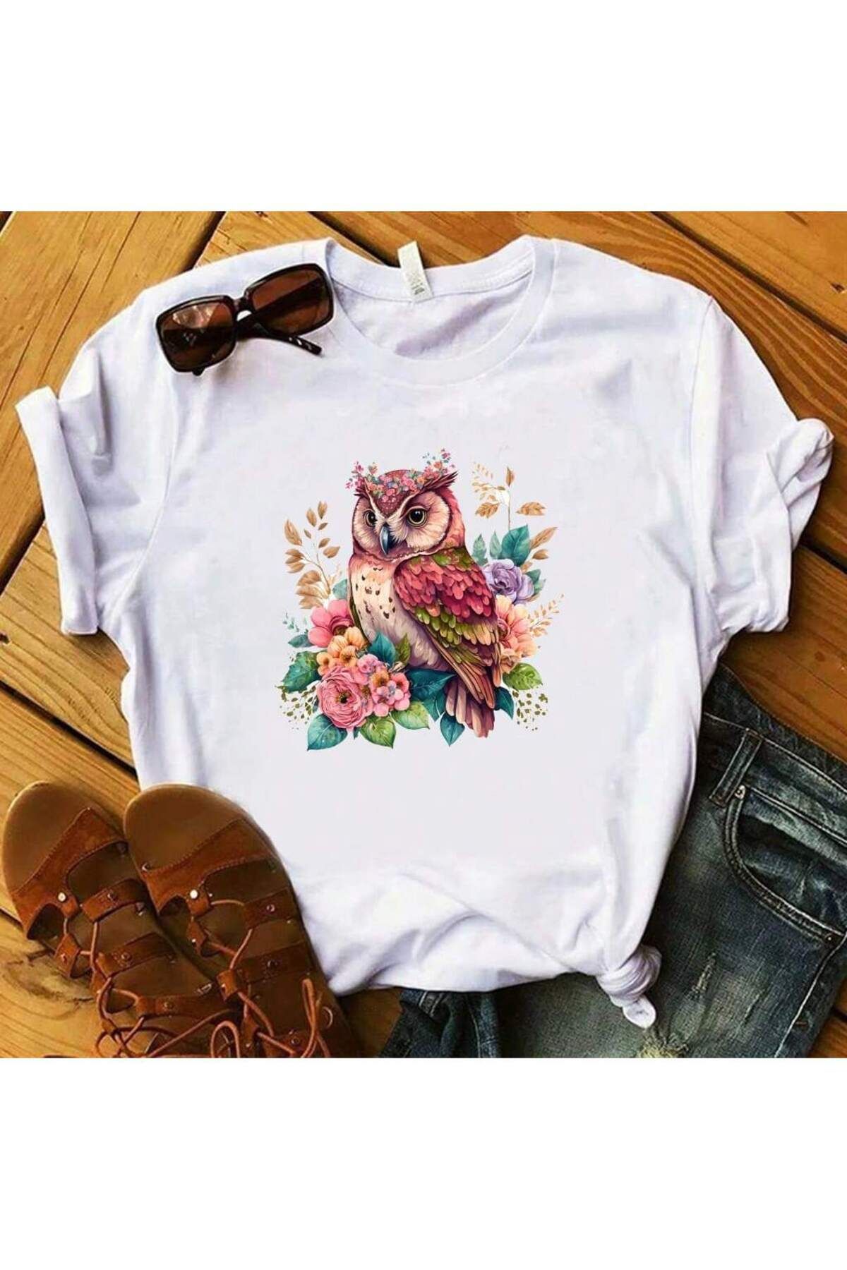 aynewmoda Baykuş desenli kısa kollu yuvarlak yakalı tişört