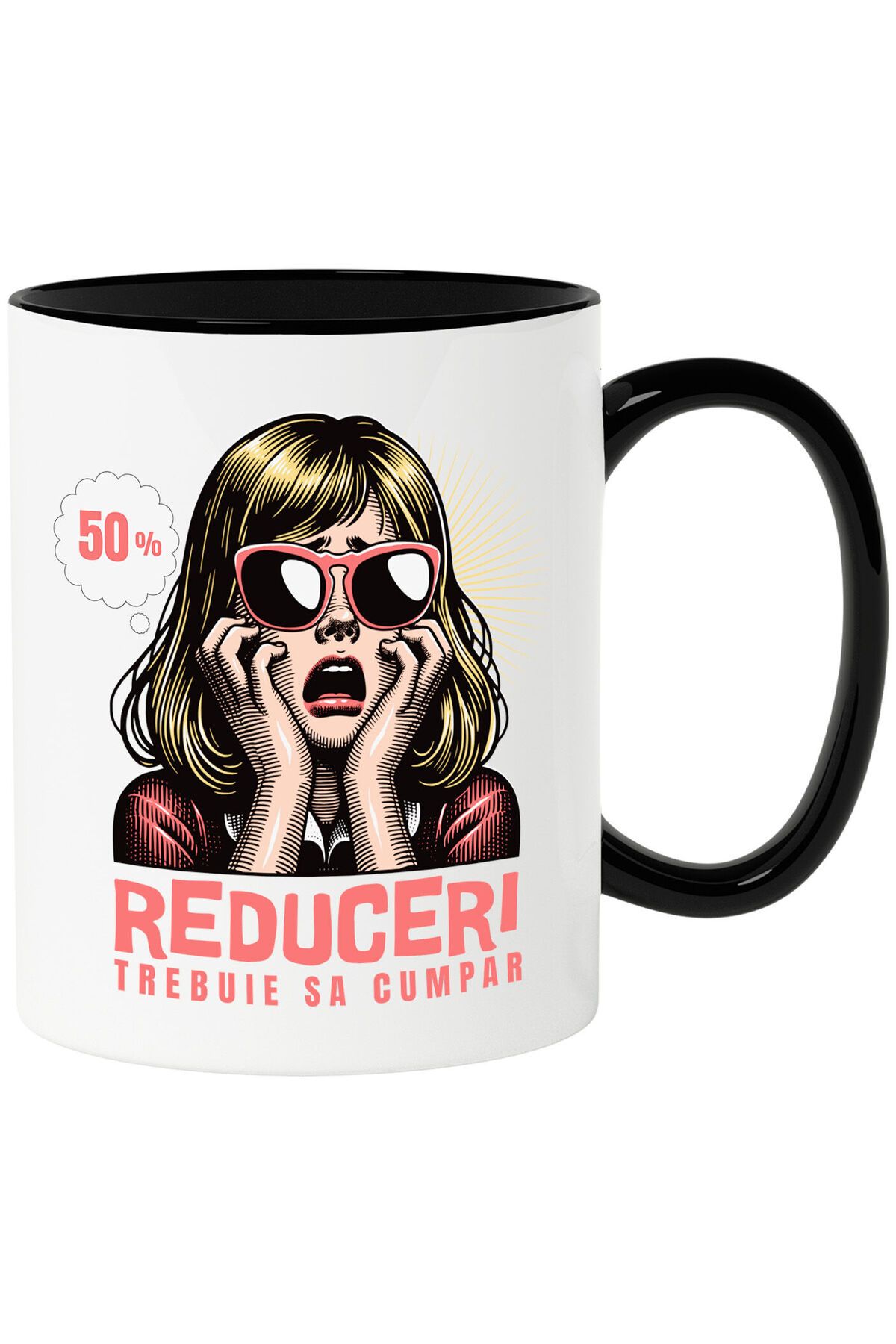 StoryGift Romania Cana Cu Fata Disperata Blonda Stil Retro Cu Ochelari De Soare Text Reduceri Treb, Cu Maner Negru - One Size