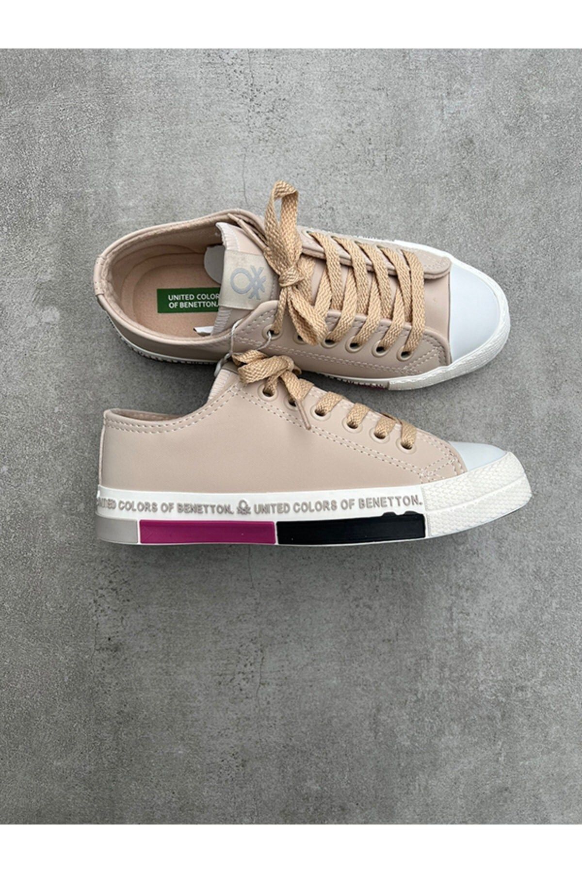 Benetton Deri Bağcıklı Günlük Spor Ayakkabı Sneaker Bej