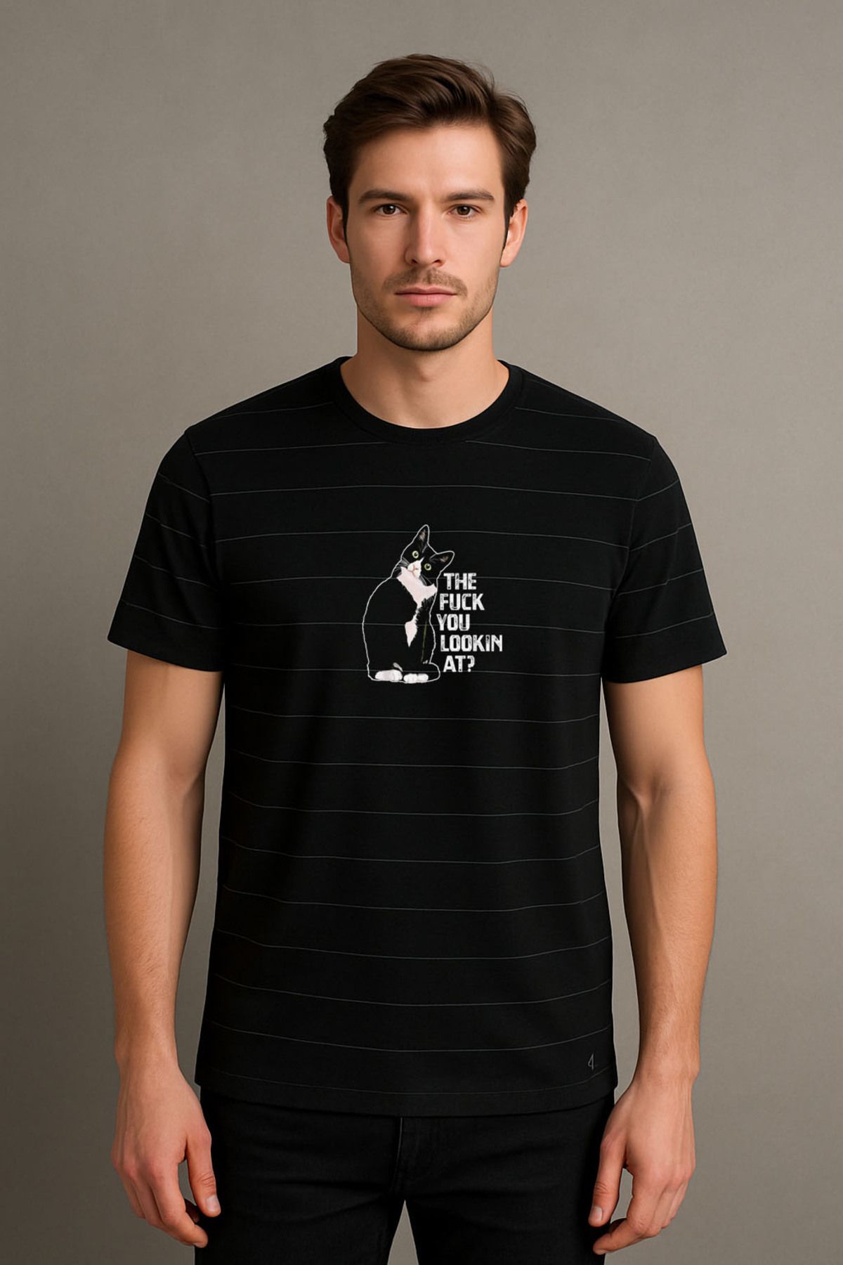Darkia Cat Kedi pisică Baskılı Çizgili Bisiklet Yaka Unisex Siyah Tişört T-shirt