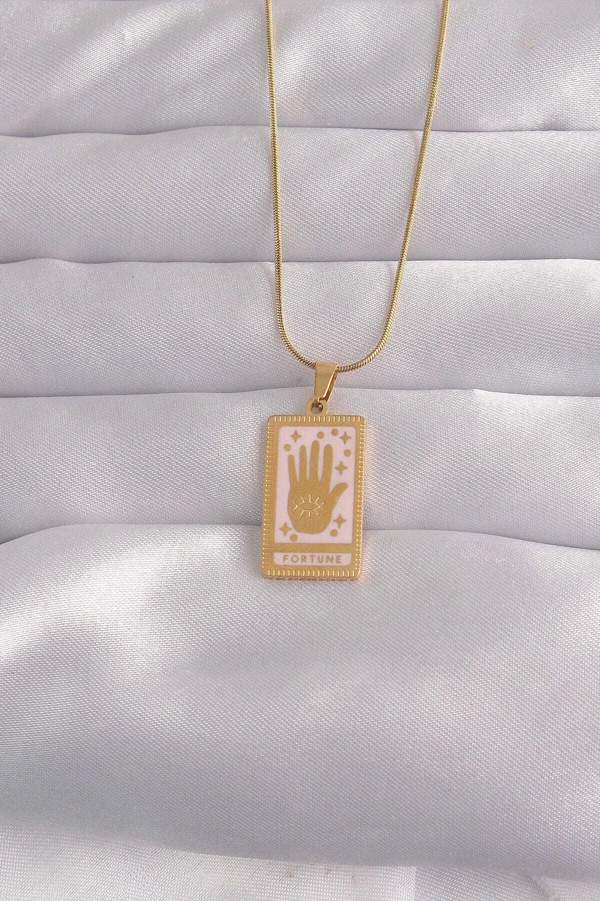 melfxxl eticaret 316L Çelik Gold Renk Pembe Mineli El Figür Tarot Kolye - Lisinya