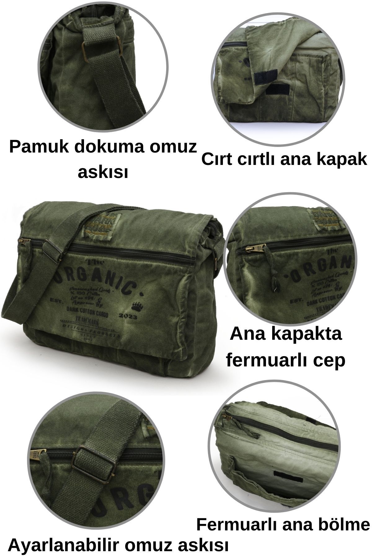 DARK COTTON 8128 Salaş Kanvas Omuz Postacı Haki Yeşil 15.6" Laptop Okul Seyahat Günlük Vintage Pamuk Çanta görsel 4
