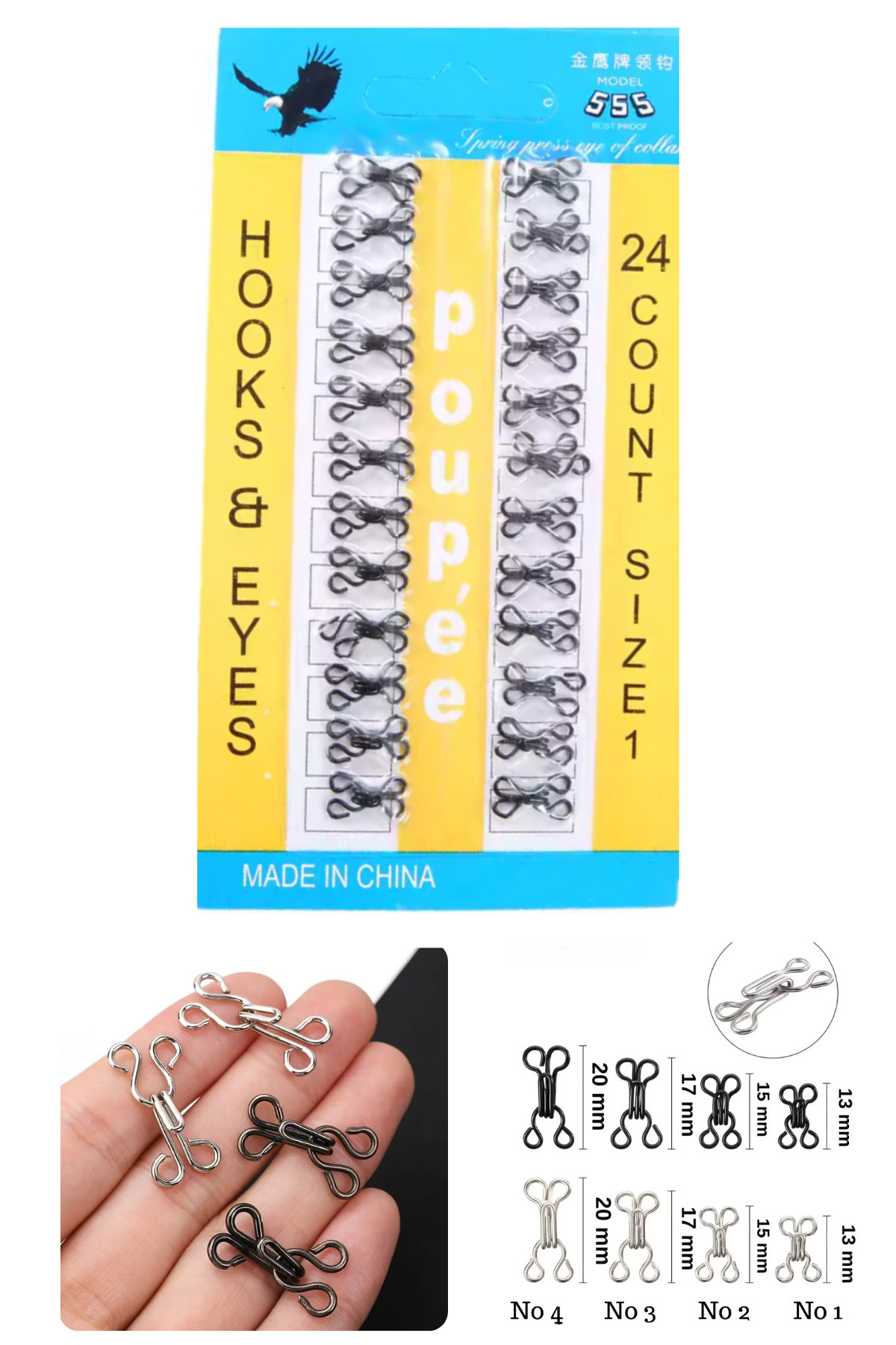 Kardelux Metal Agraf Kanca Kopça ve Göz Kapatma Seti- Siyah Renk 24 Çift No:1 (15 mm uzunluk)