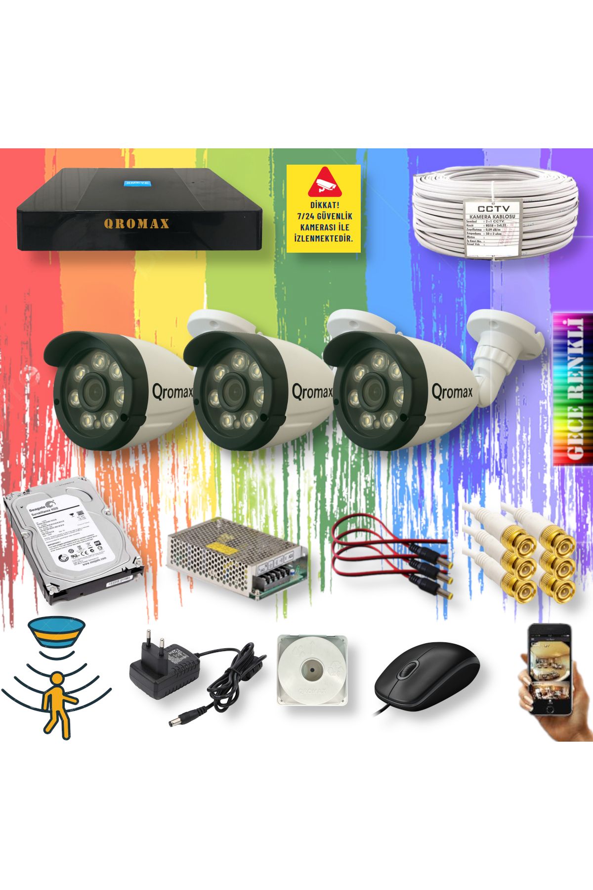 qromax 3 Kameralı Gece Renkli Hareket Algılayan 8 Warm Ledli 1080P Turbo HD Kamera Seti 3908W-9004