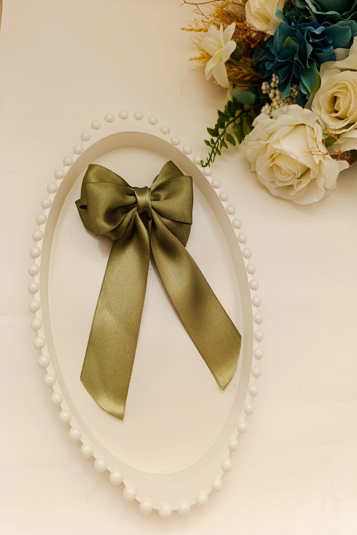 MARZELLA ACCESSORİES el yapımı saten yeşil kurdela