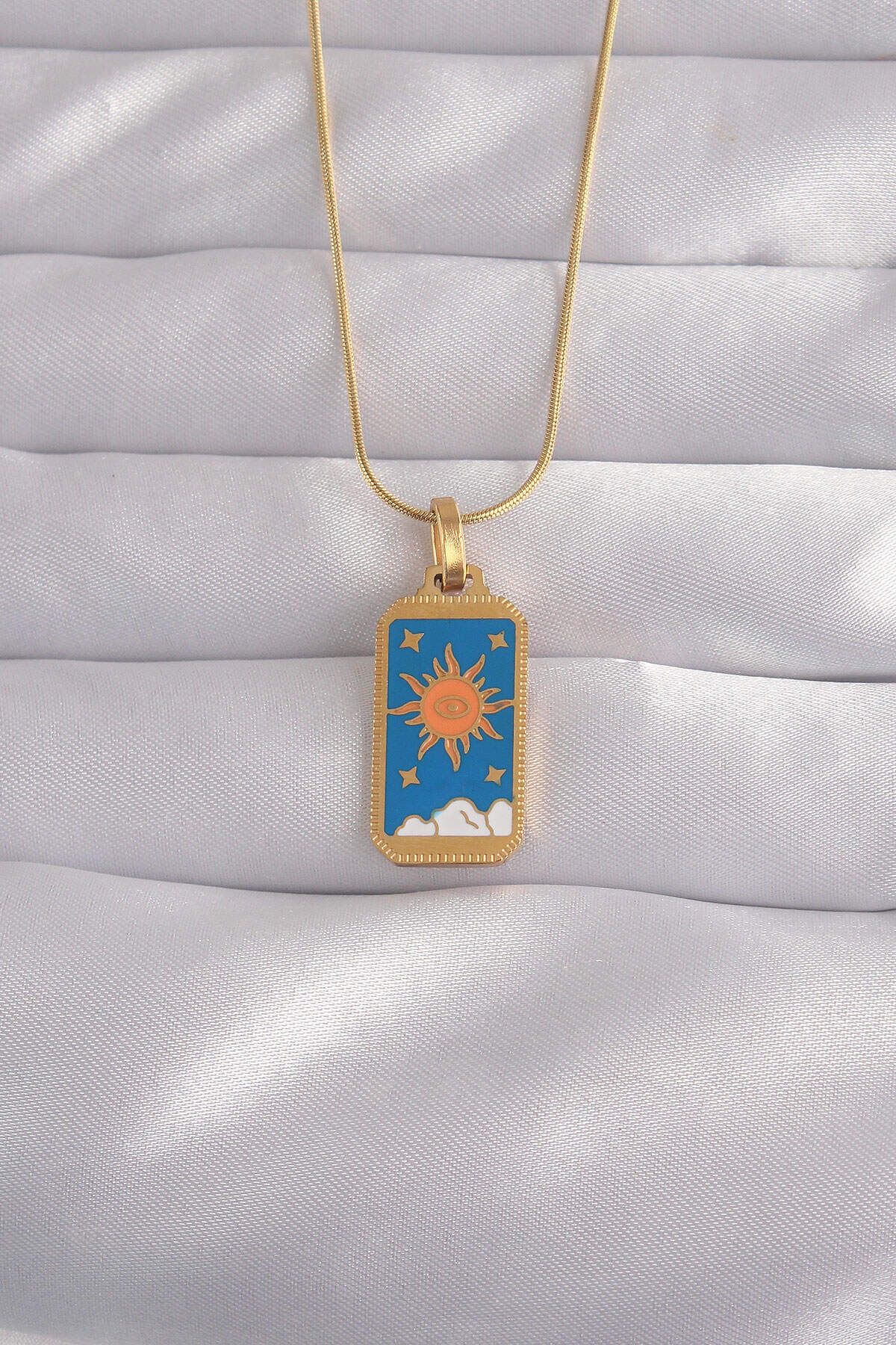 melfxxl eticaret 316L Çelik Gold Renk Mavi Mineli Güneş Model Tarot Kolye - Lisinya