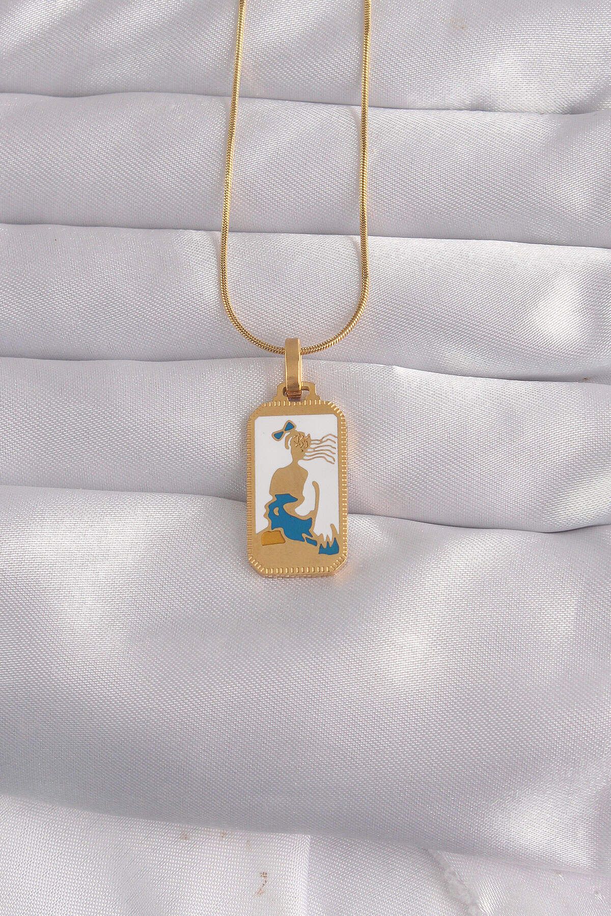 melfxxl eticaret 316L Çelik Gold Renk Beyaz Mineli Kız Figür Tarot Kolye - Lisinya