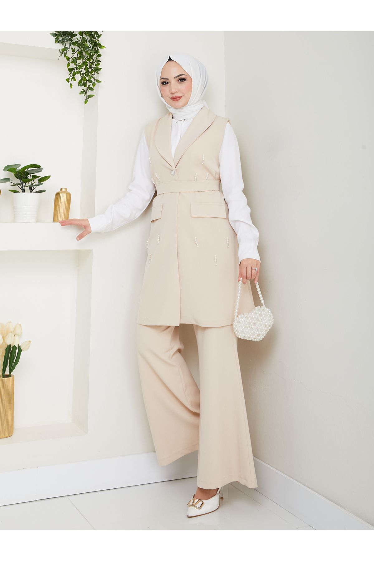 EFSUN MODA İNCİ TAŞLİ YELEK PANTOLON İKİLİ TAKIM 25088