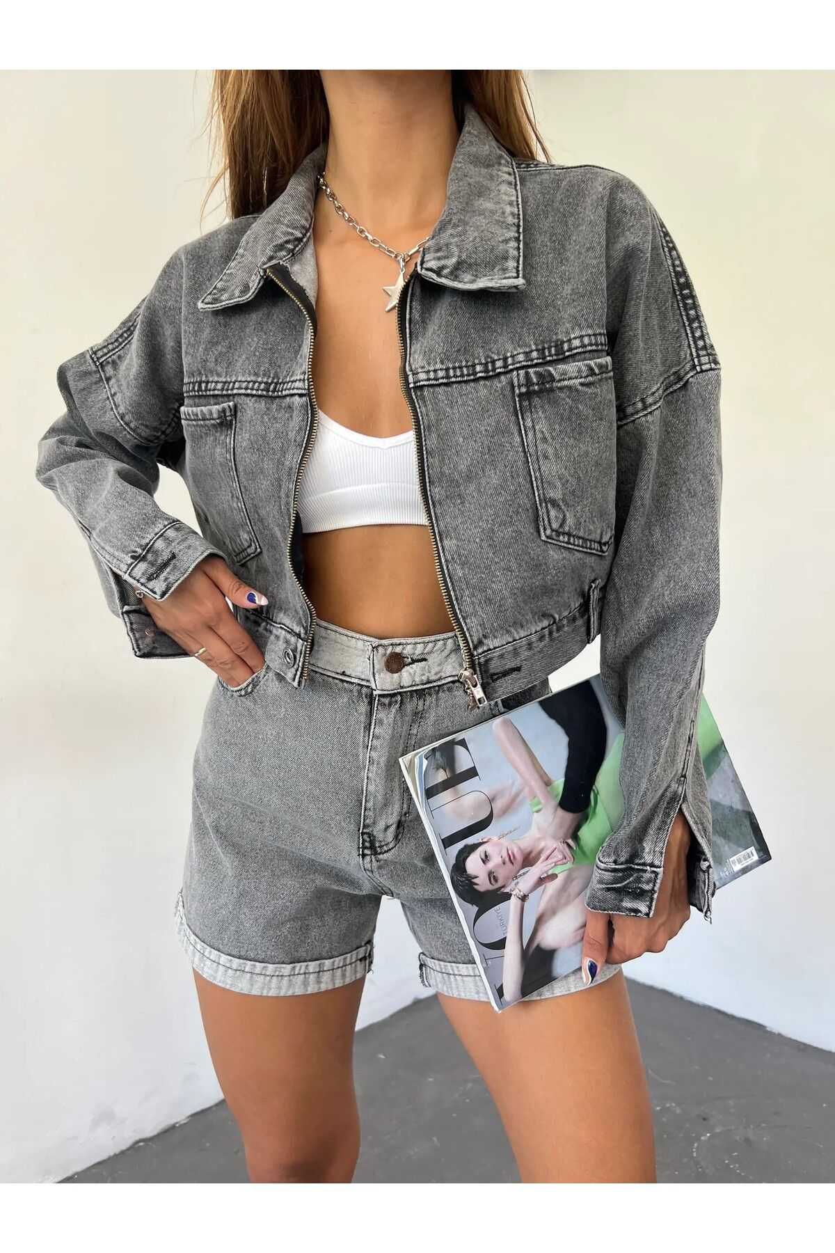 LOBOLIC Kadın Antrasit Fermuarlı Çift Cepli Denim Ceket
