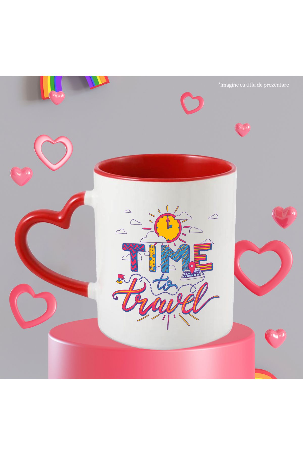StoryGift Romania-Mug With Message In English Time To Travel, Travel, Clock, Multicolor 330 Ml, Sky, With 3
