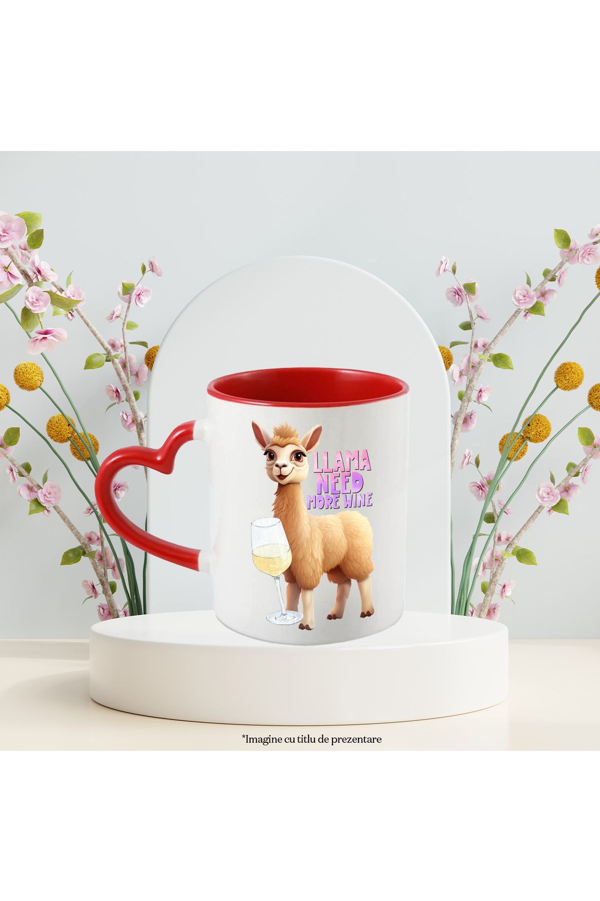 StoryGift Romania-Mug with llama and a glass of wine with the message "Llama need more wine", more v, With STG Heart Handle 3