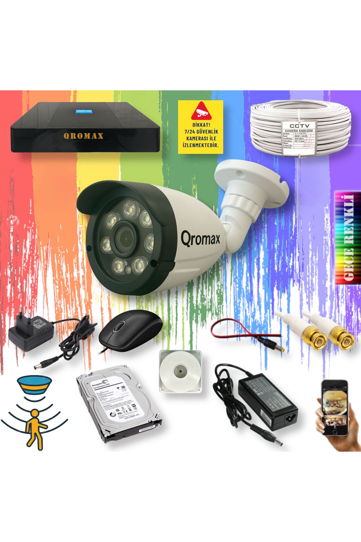 qromax 1 Kameralı Set Gece Renkli Hareket Algılayan 8 Warm Ledli 1080P TurboHD Kamera Seti 3908W-9004