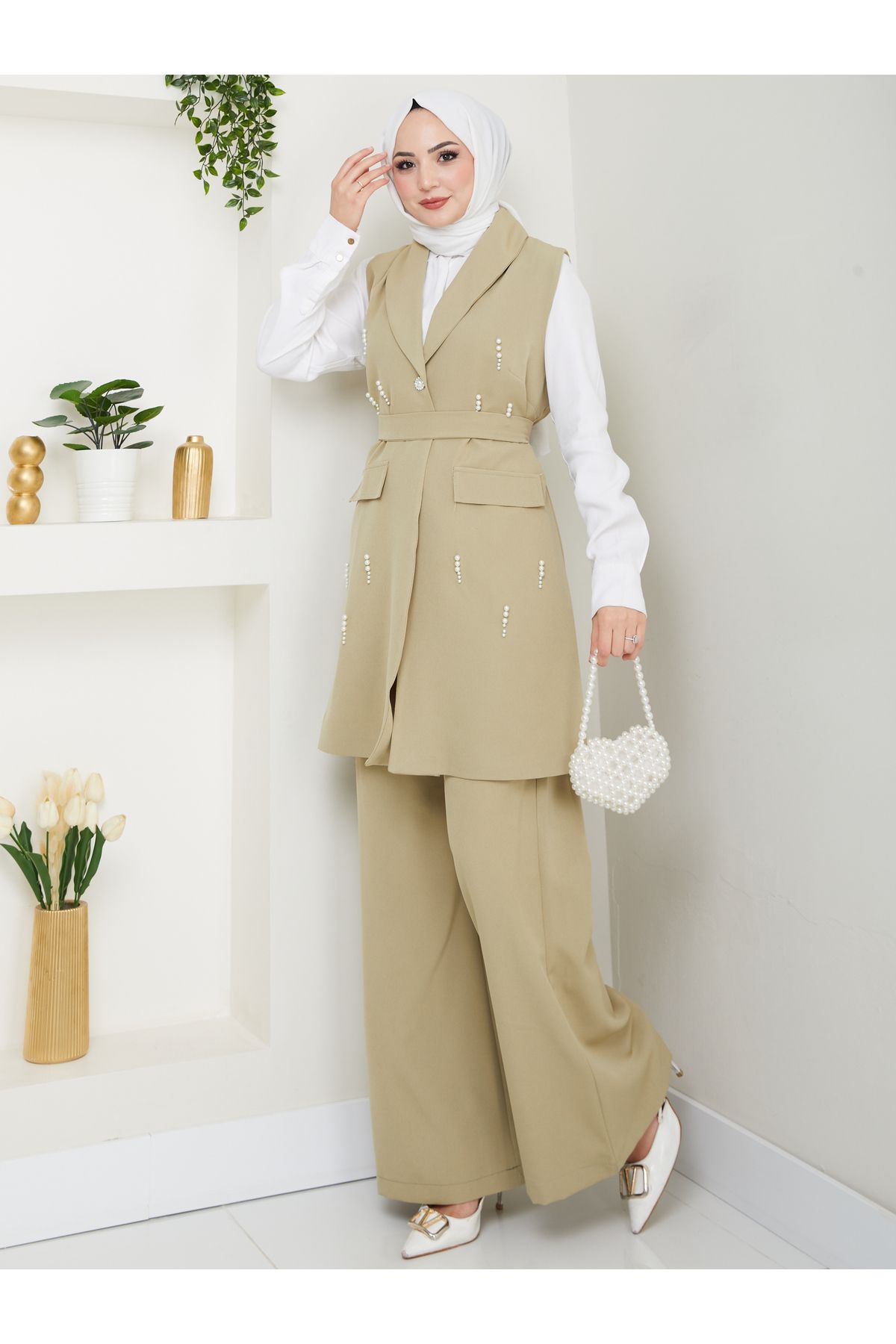 EFSUN MODA İNCİ TAŞLİ YELEK PANTOLON İKİLİ TAKIM 25088