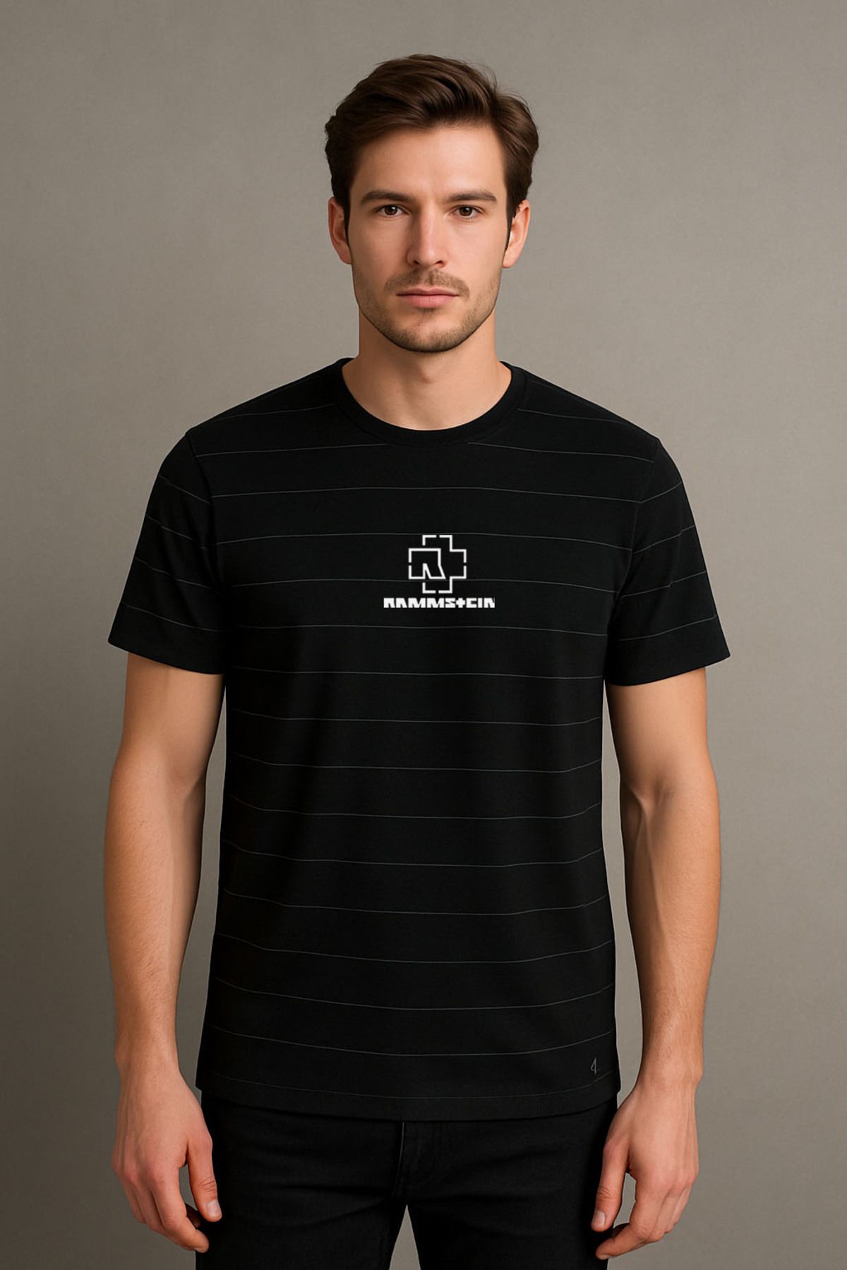 Darkia Rammstein Müzik Grubu Baskılı Çizgili Bisiklet Yaka Unisex Siyah Tişört T-shirt