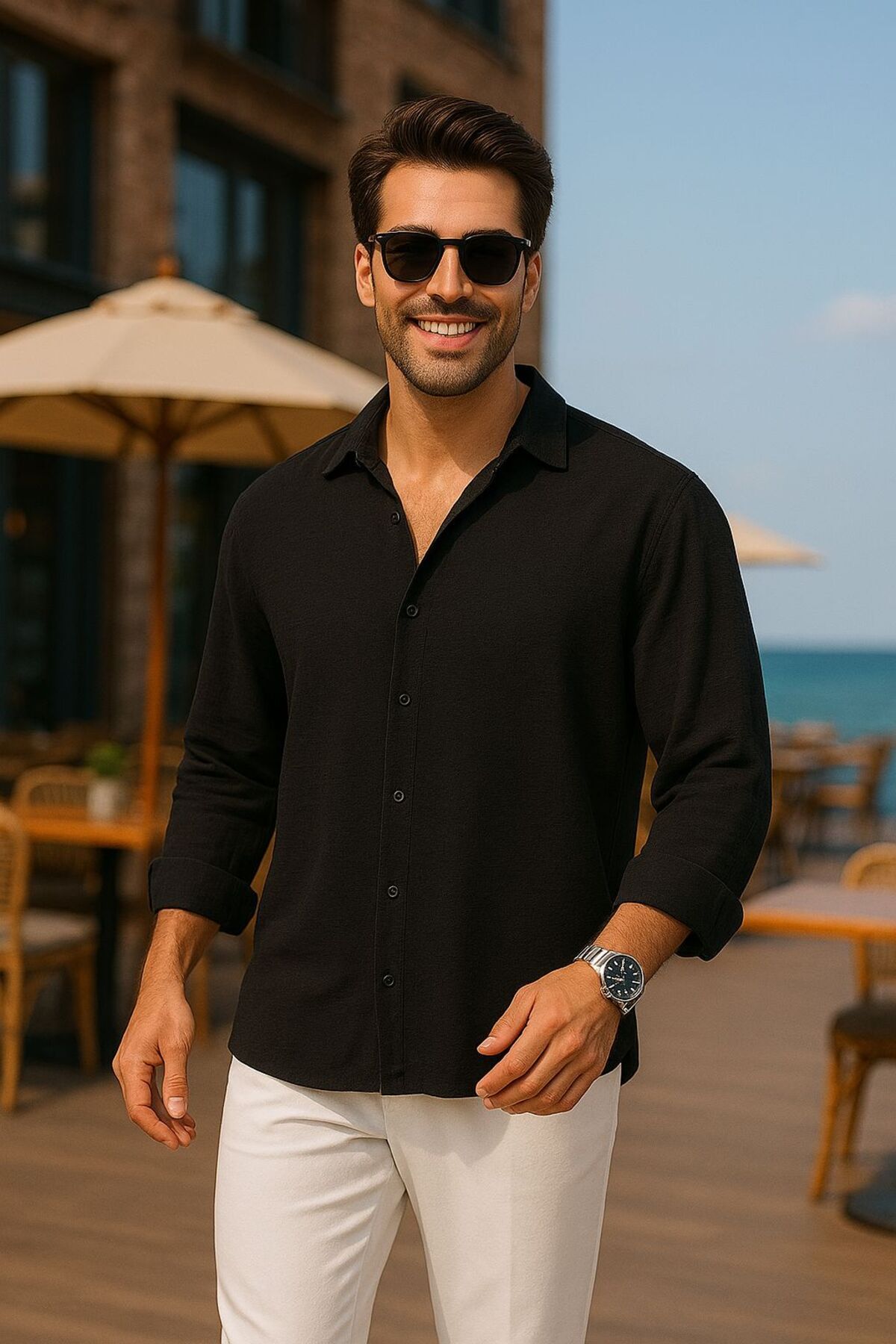 EKZMODA Erkek Siyah Keten Dokulu Oversize Bol Kalıp Gömlek