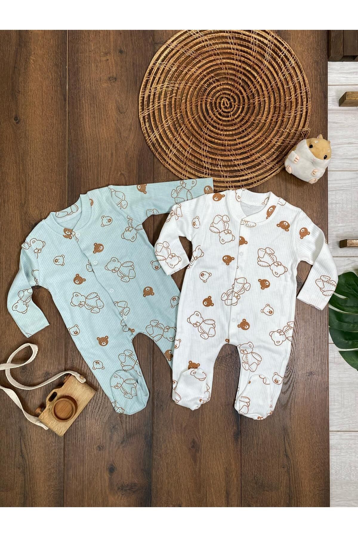 Adda Baby Teddy Bear Tulum Ayıcık Desenli Erkek ve Kız Bebek Patikli Çıtçıtlı Tulum 2'li Pamuklu